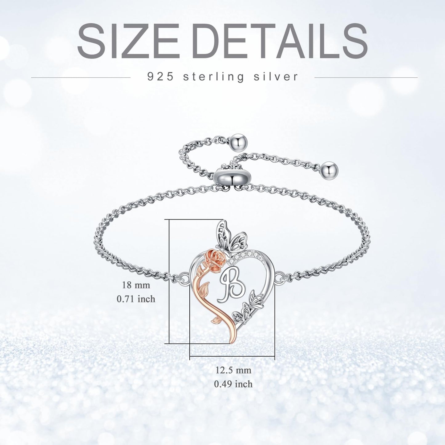 TOUPOP Rose Heart Bracelet for Women Sterling Silver Heart Initial B Letter Bracelet Butterfly Love Jewelry Anniversary Birthday Mothers Day Gifts for Mom Wife Her Girlfriend