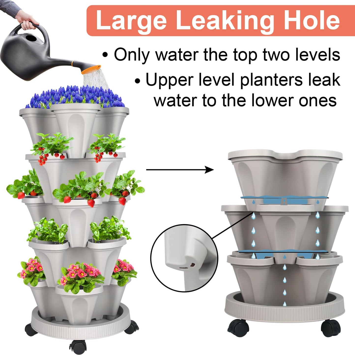GameXcel Vertical Planter Tower - 5 Tier Stackable Garden Planters with Wheels and Tools Plant Pots for Strawberry Herb Flower and Vegetable Indoor Outdoor Use Gray