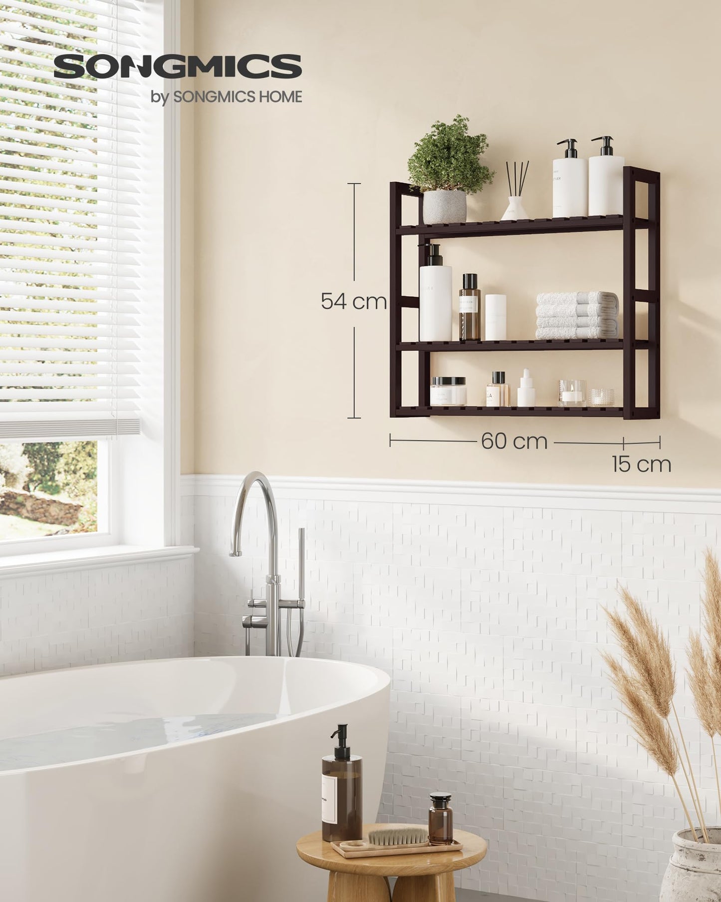 SONGMICS Bamboo Bathroom Shelf, 3-Tier Adjustable Plants Rack, Wall-Mounted or Stand, in The Living Room, Balcony, Kitchen, 5.9 x 23.6 x 21.3 Inches, Brown