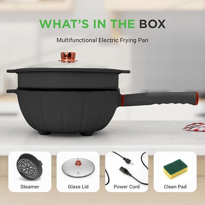 Nutrichef 4L Electric Frying Pan & 4L Steamer | Multifunctional Portable 1000W Non-Stick Pot for Cooking | Durable Heat Safe Handle | Touch Control Panel | Electric Hot Pot | Black