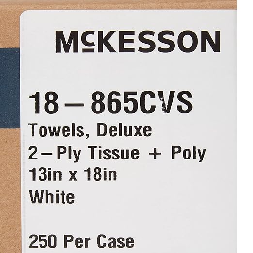 McKesson Disposable Towels [Pack of 250] for Dental Bibs, Nails, Tattoo, Dentist, Medical - 13 x 18 in, 2-Ply Tissue with Poly Back, Waffle Embossed, White