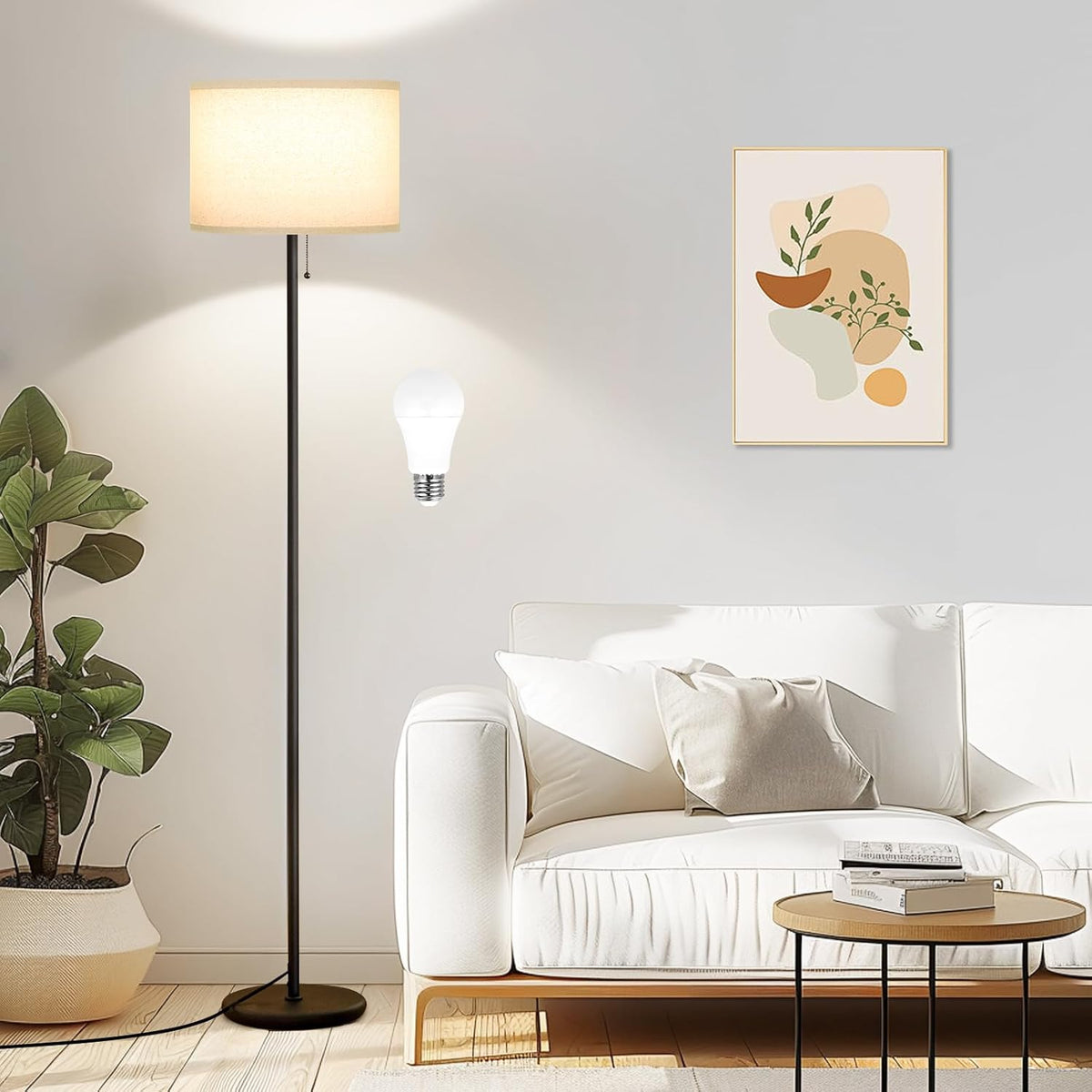 Ambimall Floor Lamps for Living Room with 3 Color Temperatures Bulb & Pull Chain Switch, 60" Modern Standing Floor Lamp for Bedroom Kids Room Study Room（Dark Beige Shade & Black Pole）