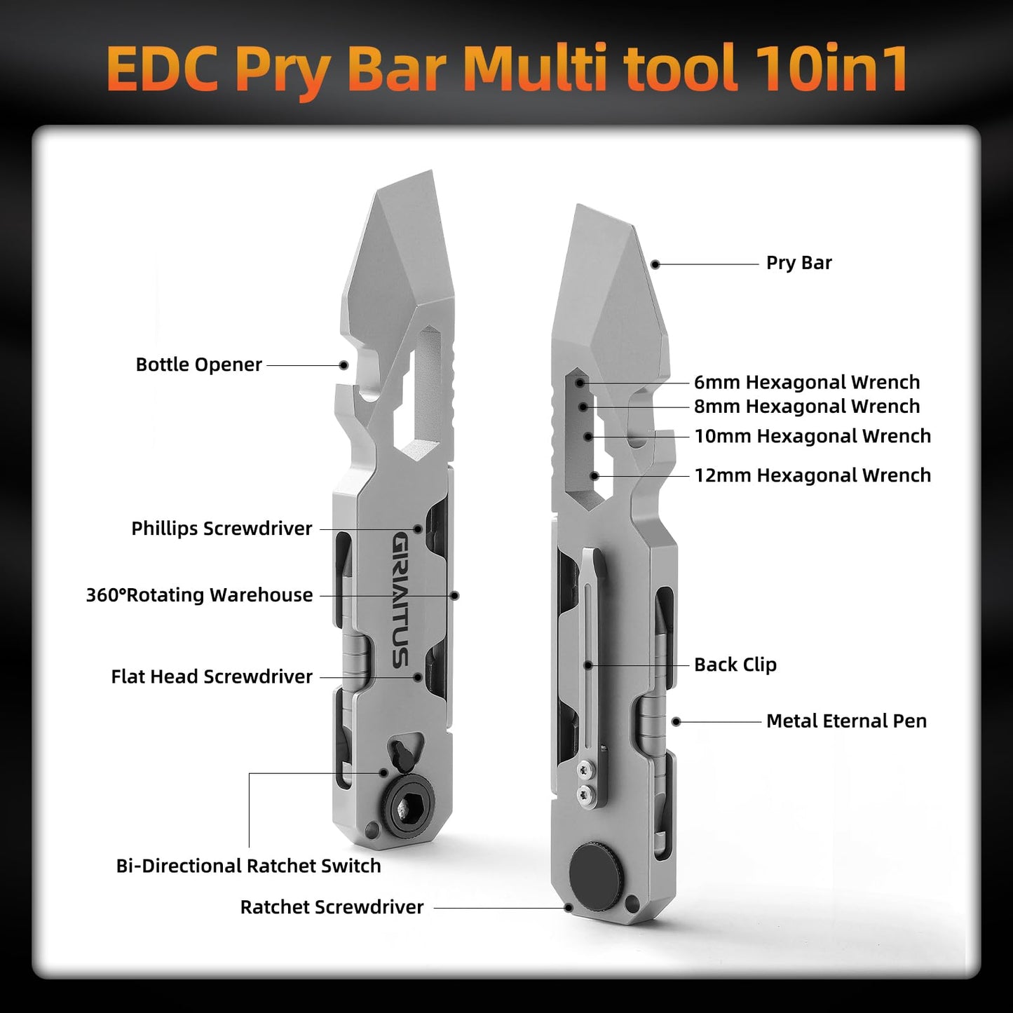 EDC Pry Bar Multitool with Bi-Directional Ratchet Screwdriver & Everlasting Pen, Wrenches, Crowbar, Bottle and Box Openers - Your Versatile Companion for Everyday Carry and Camping Accessories