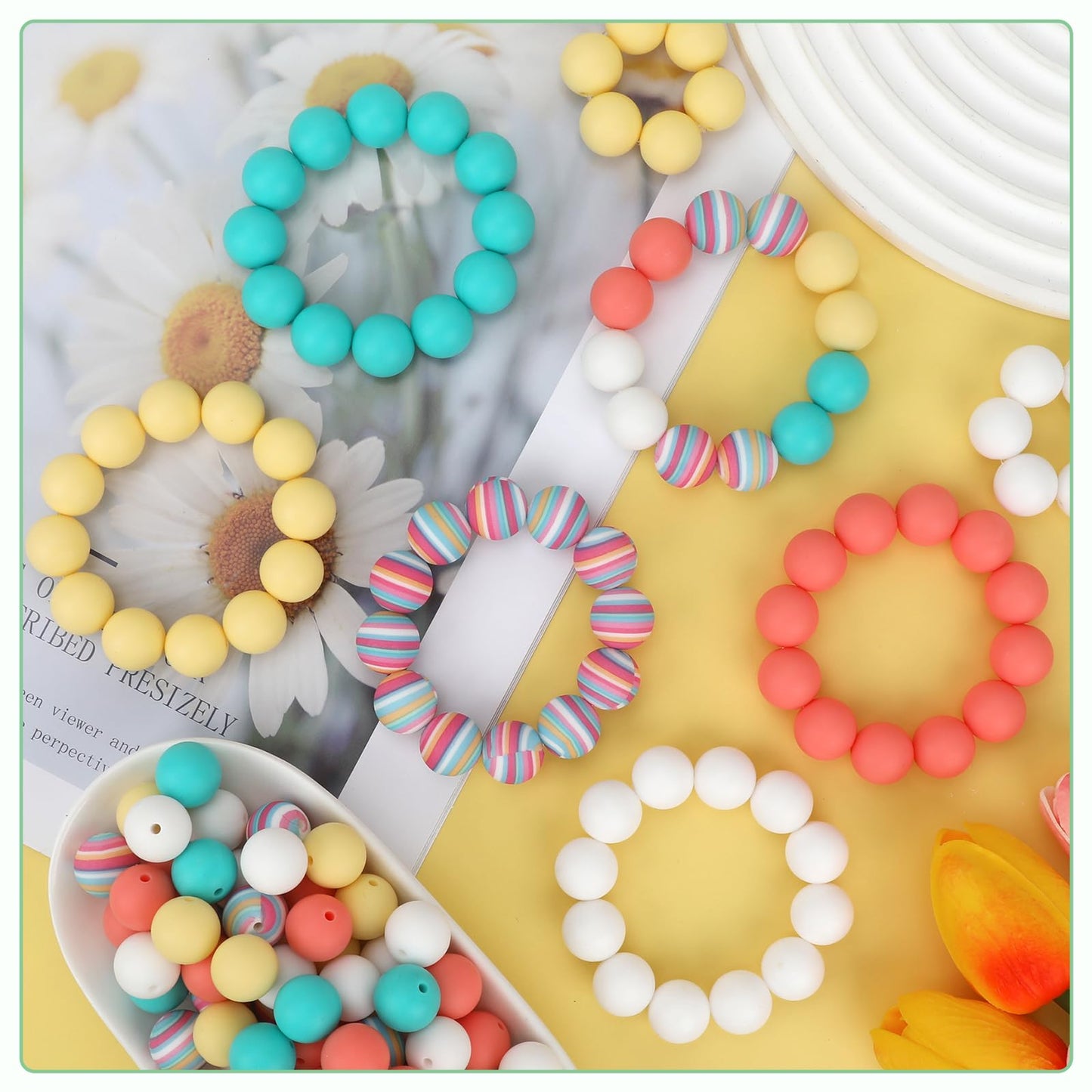 SALUOKE 100 Pcs 15mm Silicone Beads for Keychain Making, Pink Gream Silicone Beads Bulk Round for Bracelets Pens Crafts Jewelry Making (Rainbow)