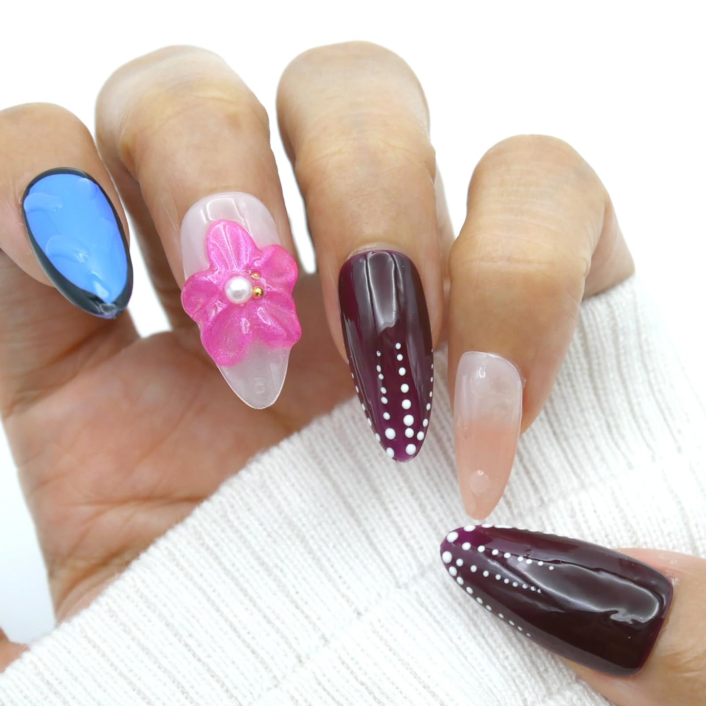 3D Pink Flower Press on Nails Almond - Medium French Tip Fake Nails with Embossed Flower & wave point Designs, Glossy Finish Reusable False Nails with Glue Tabs - 10Pcs Nail Kit for Women Manicure.