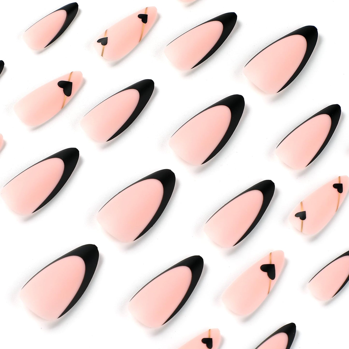 Black French Tip Press On Nails - Almond Medium Fake Nails with Gold Line Design - Heart Full Cover Stick On Nails for Women - 24 Pcs