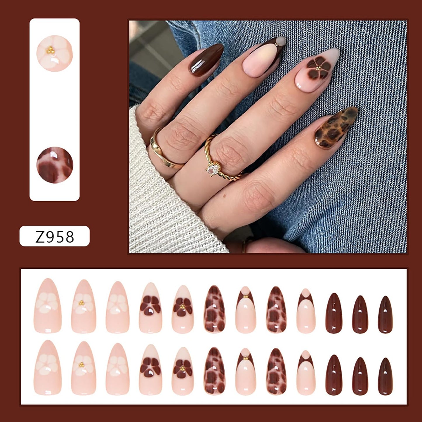 Leopard Press on Medium Length Flower French False Nails - Dark Brown Coffin Full Cover Artificial Acrylic Almond Stick on DIY Glossy Glue on for Women - Manicure Kit 24Pcs