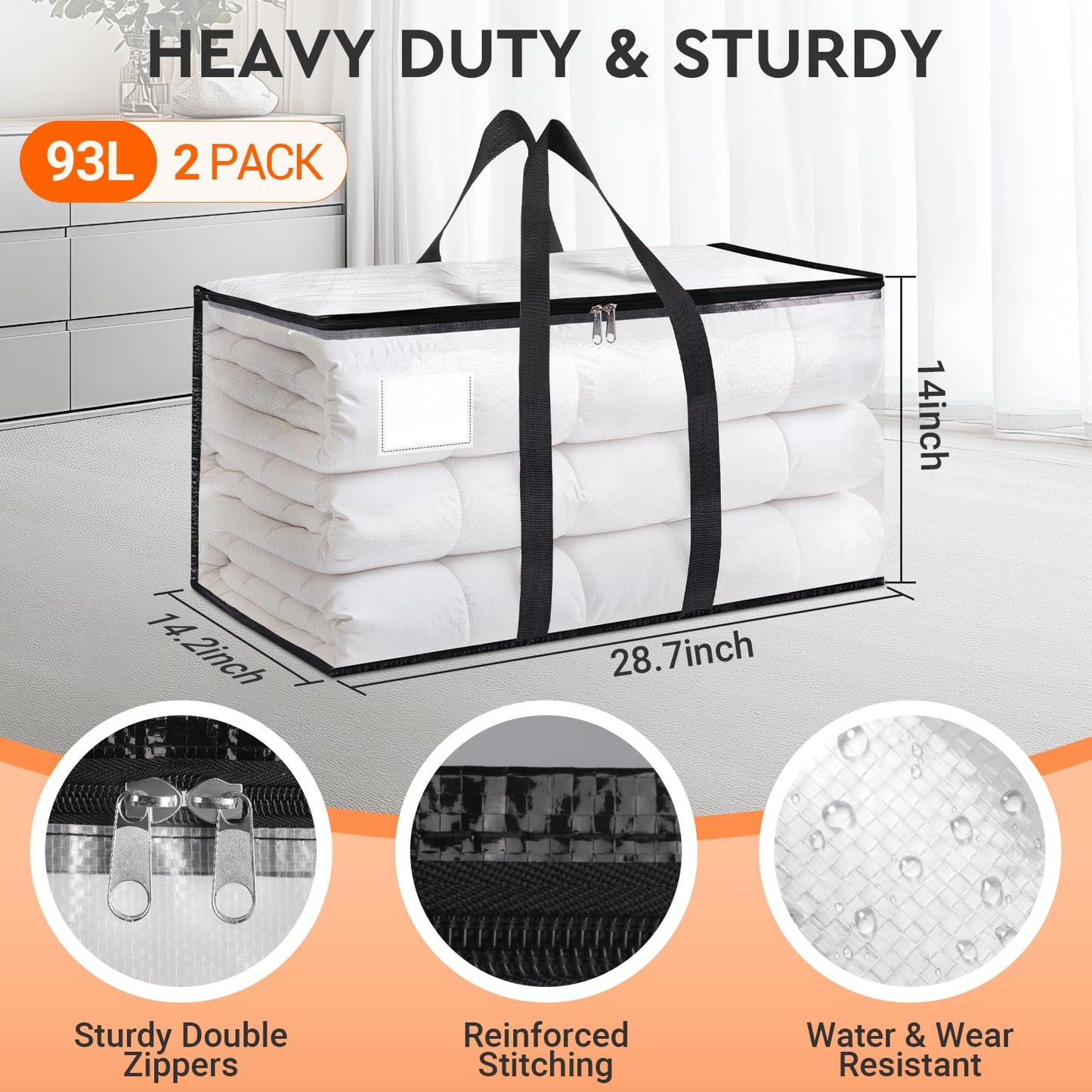 HomeHacks Clear Moving Bags Heavy Duty 2 Pack, Storage Bags with Zipper, Extra Thick Handles & Waterproof Packing Boxes for Moving, Camping, Home Organization 93L/24Gal (28.7"x14.2"x14")