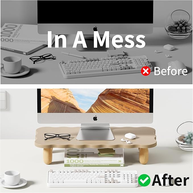 AFOOYO Monitor Stand Riser,Cookie-Shaped Sturdy Wood Computer Monitor Stand, Monitor Stand Riser, Multi-Purpose Desktop Organizer Riser for Computer,Laptop,Printer,TV,khaki
