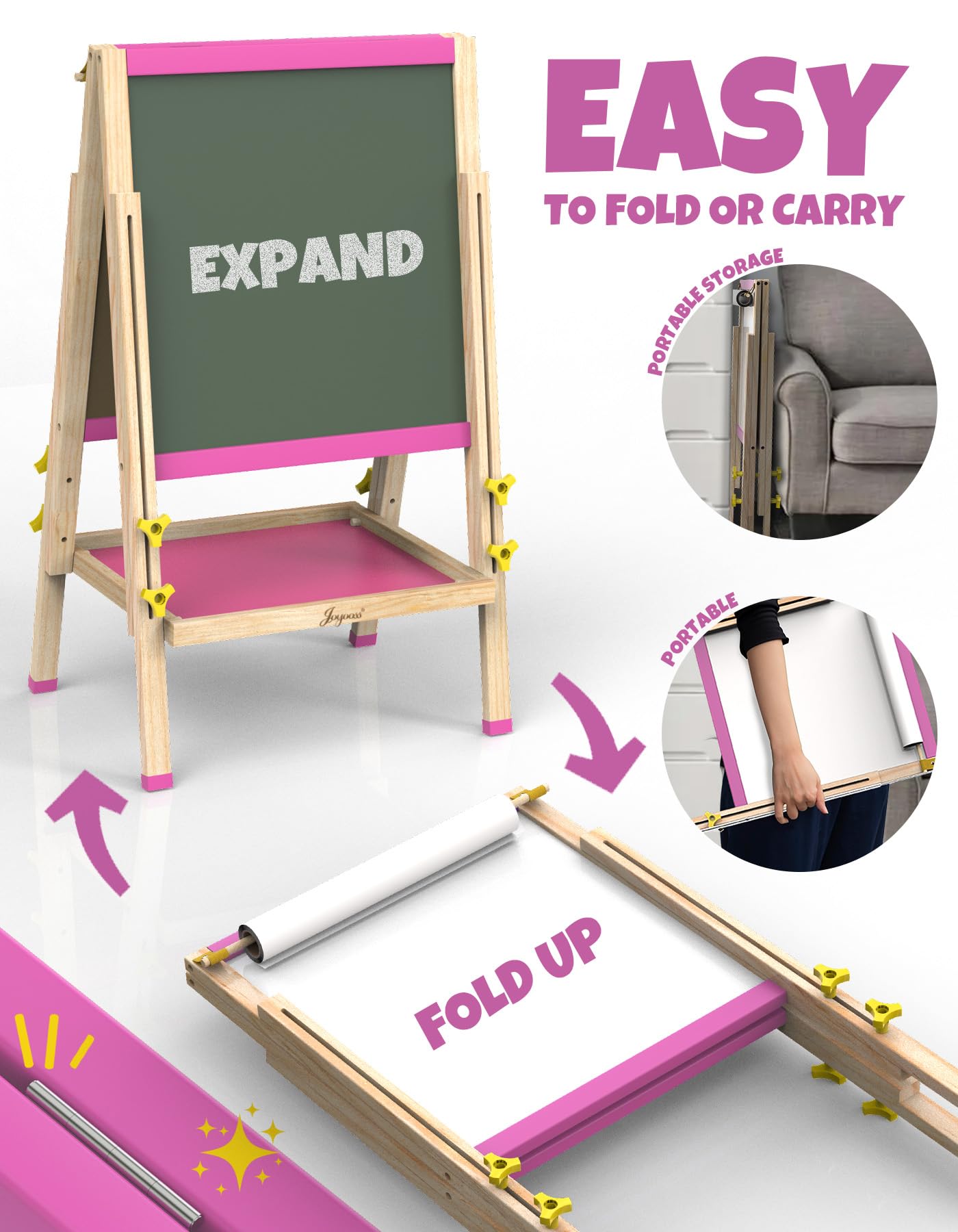 JOYOOSS Art Easel for Kids Easels for Toddlers with Paper Roll,Adjustable Wooden Magnetic Board Double Sided Whiteboard & Chalkboard 2-4 Art Easel for Kids Ages 4-8 Toddlers Painting Drawing Easel