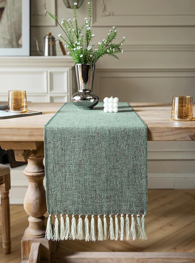 ZeeMart Green Table Runners 60 Inches Long, Burlap Linen Style Rustic Farmhouse Table Runner, Boho Woven Dining Table Runner, 13x60 Inches, Mineral Green