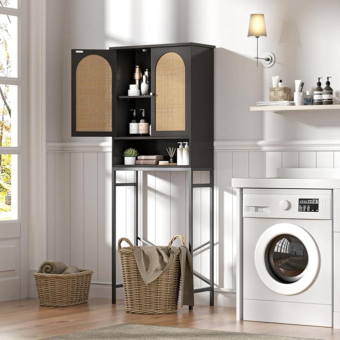 Rattan Toilet Storage Cabinet, Over The Rack Wood Cabinet with Metal Stand, Bathroom Organizer with Adjustable Shelf, Tall Freestanding Washer Shelf, Small Cupboard, Black