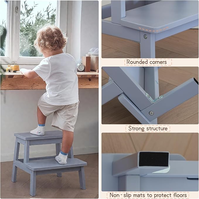 Adult & Child Wooden Two Step Stool ，Stepping Stool，Kids Step Stool Kitchen Step Stools for Bathroom– Perfect for Kitchen, Bathroom, Bedrooms & More (Grey)