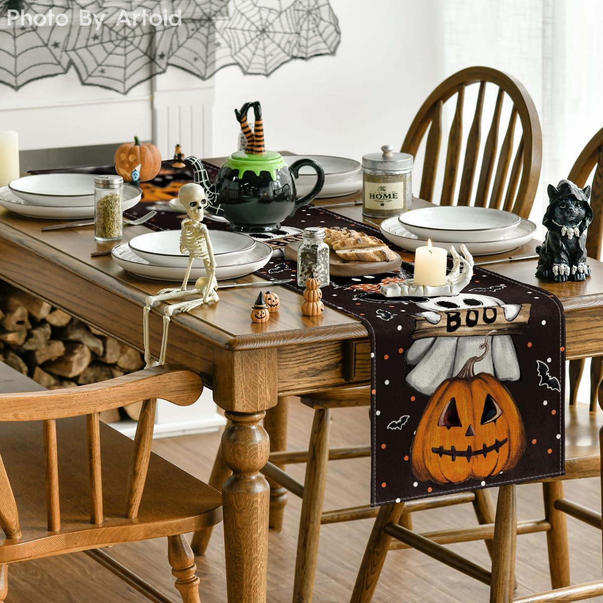 Artoid Mode Polka Dot Ghost Pumpkin Cat Boo Halloween Table Runner, Bat Seasonal Fall Kitchen Dining Table Decoration for Home Party Decor 13x48 Inch