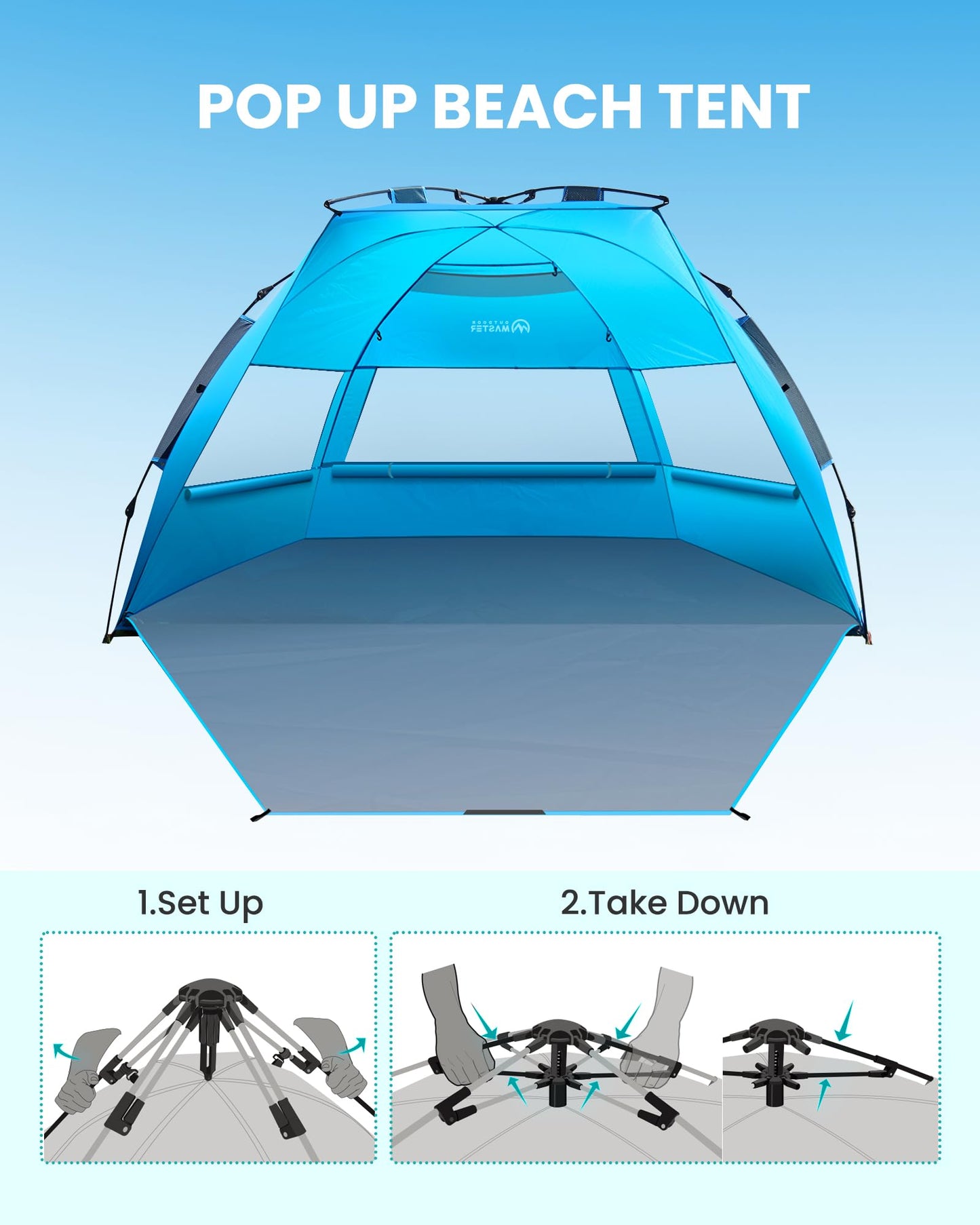 OutdoorMaster Pop Up Beach Tent for 4 Person - Easy Setup and Portable Beach Shade Sun Shelter Canopy with UPF 50+ UV Protection Removable Skylight Family Size - Blue