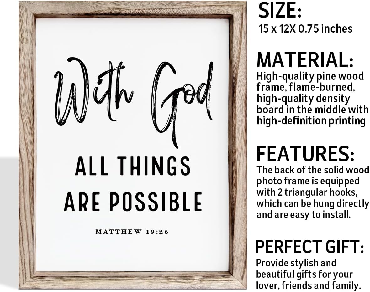 Christian Wooden Wall Signs, Religious Home Decor, Farmhouse Decor for Home Office, Christian Gift, Hanging Framed Wall Plaque 15 * 11.5 inches, With God All Things are Possible Sign