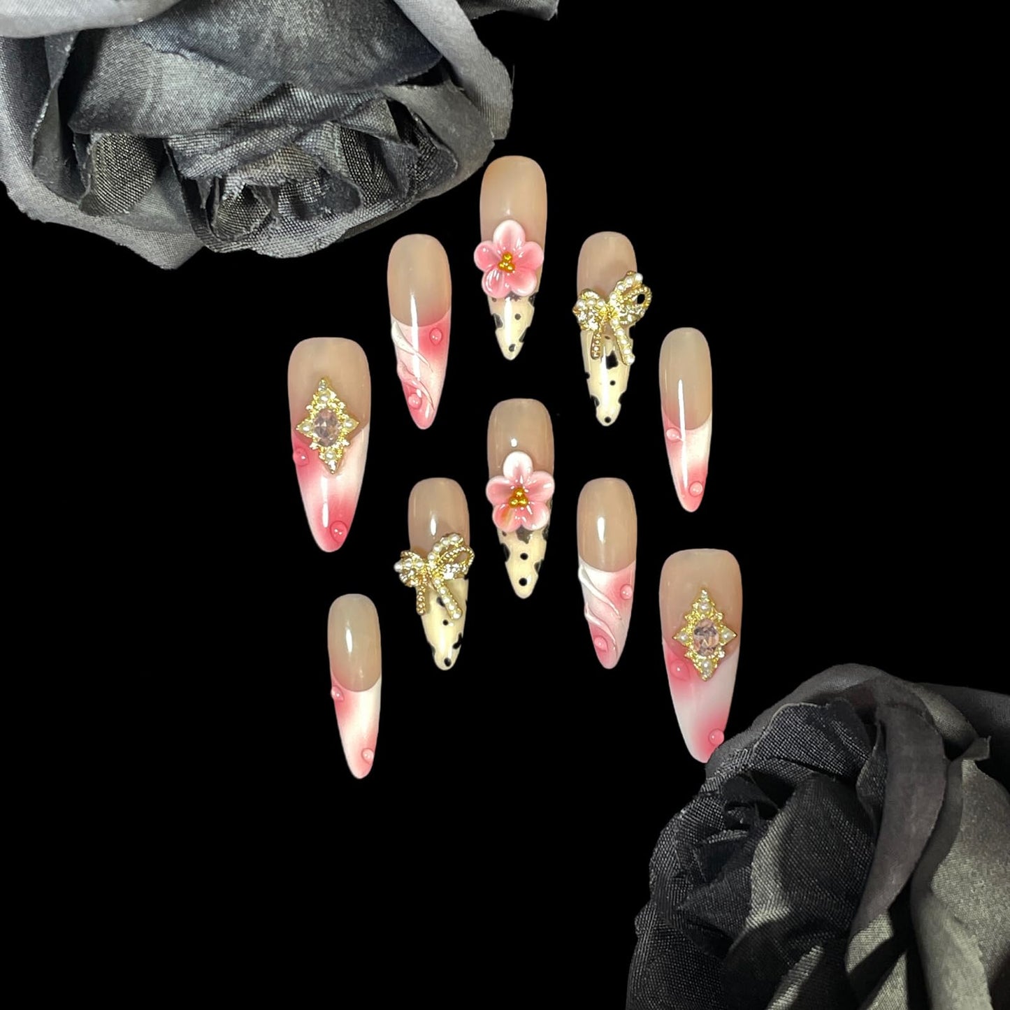 Handmade Press on Nails, Long Stiletto Acrylic False Nails with Pearl Bow, Pink Floral 3D Design, Vintage Rhinestone Embellished, Luxury Glamorous Set (Ribbon Elegance, L)