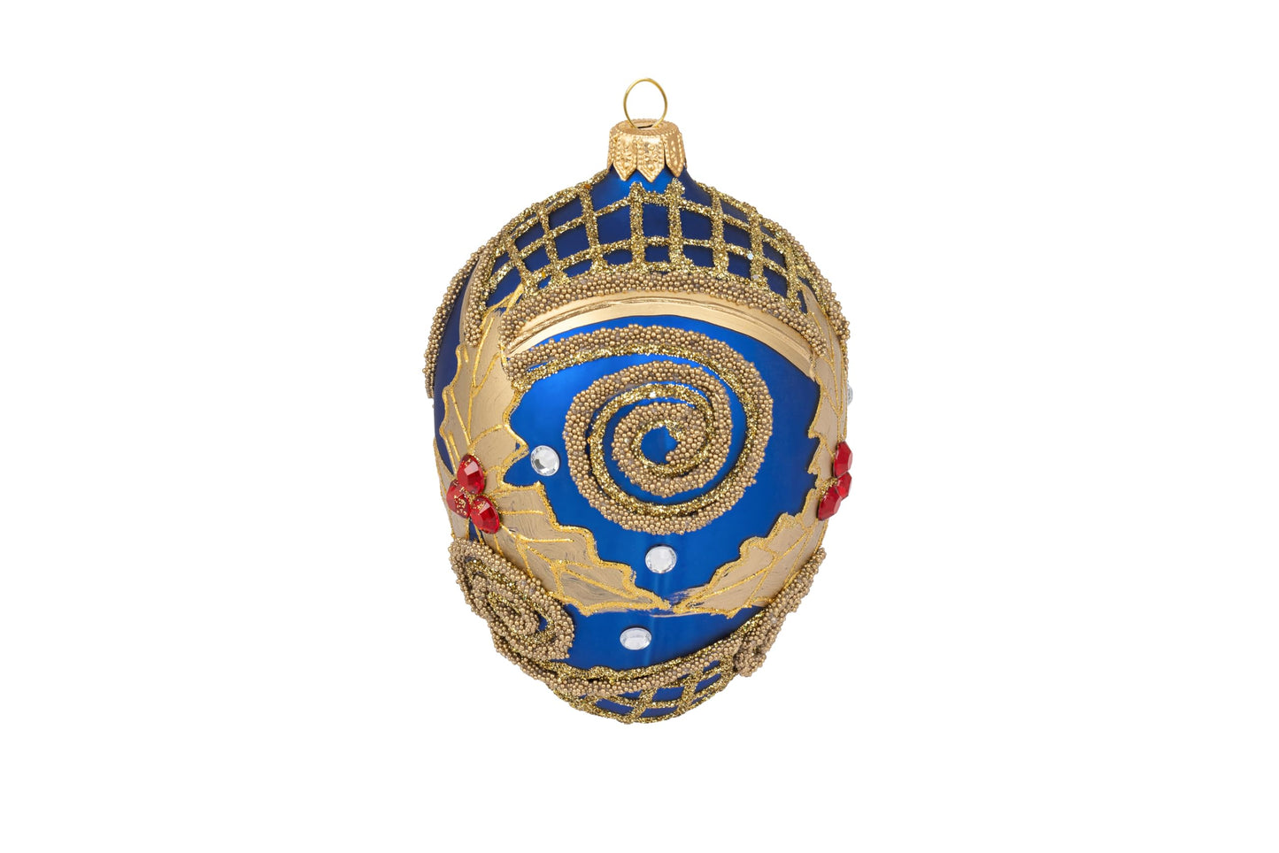 Polish Gallery Fabergé Egg 5-inch Blown Glass Christmas Tree Ornament Navy Blue with Gold Embellishments Mistletoe Leaves (Sapphire Matte)