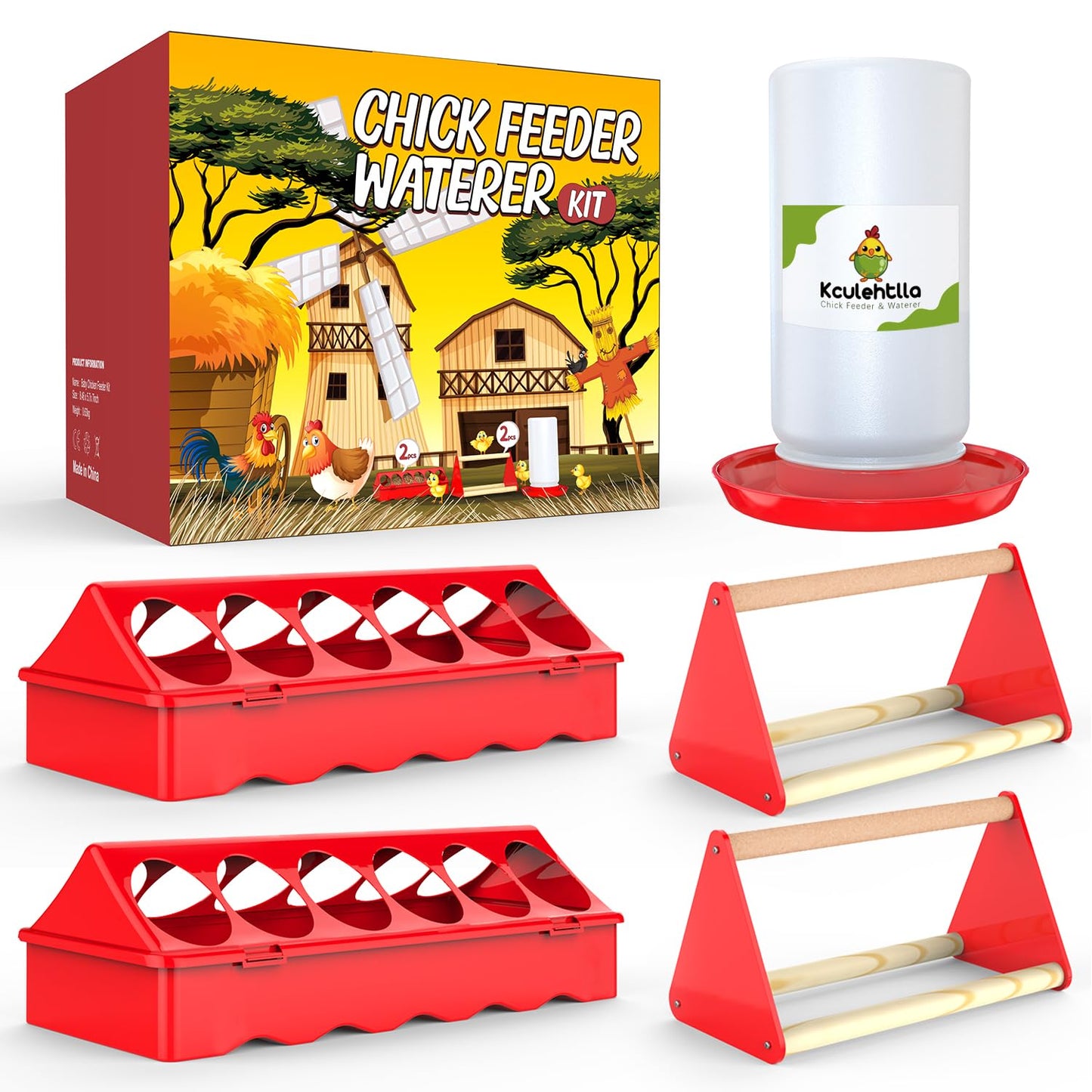 Kculehtlla Chick Feeder and Waterer Kit - Baby Chicken Supplies with Chicks Perch, Plastic Feeder Trough and 1.2L Waterer, Chicken Starter Kit for Coop and Brooder for Small Poultry Ducks Quail