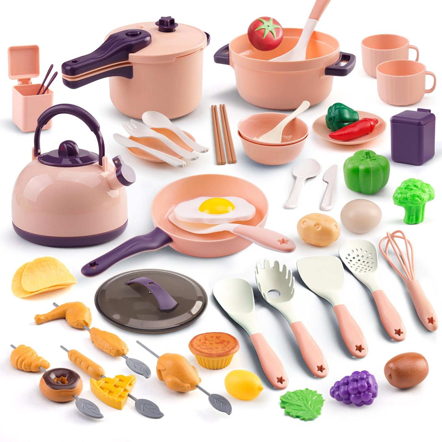 60Pcs Kids Mini Play Kitchen Accessories, Pretend Cooking Play Set with Cookware, Tableware & Fruit & BBQ Sets, Learning Gift for Boys, Girls, Toddlers,Pink