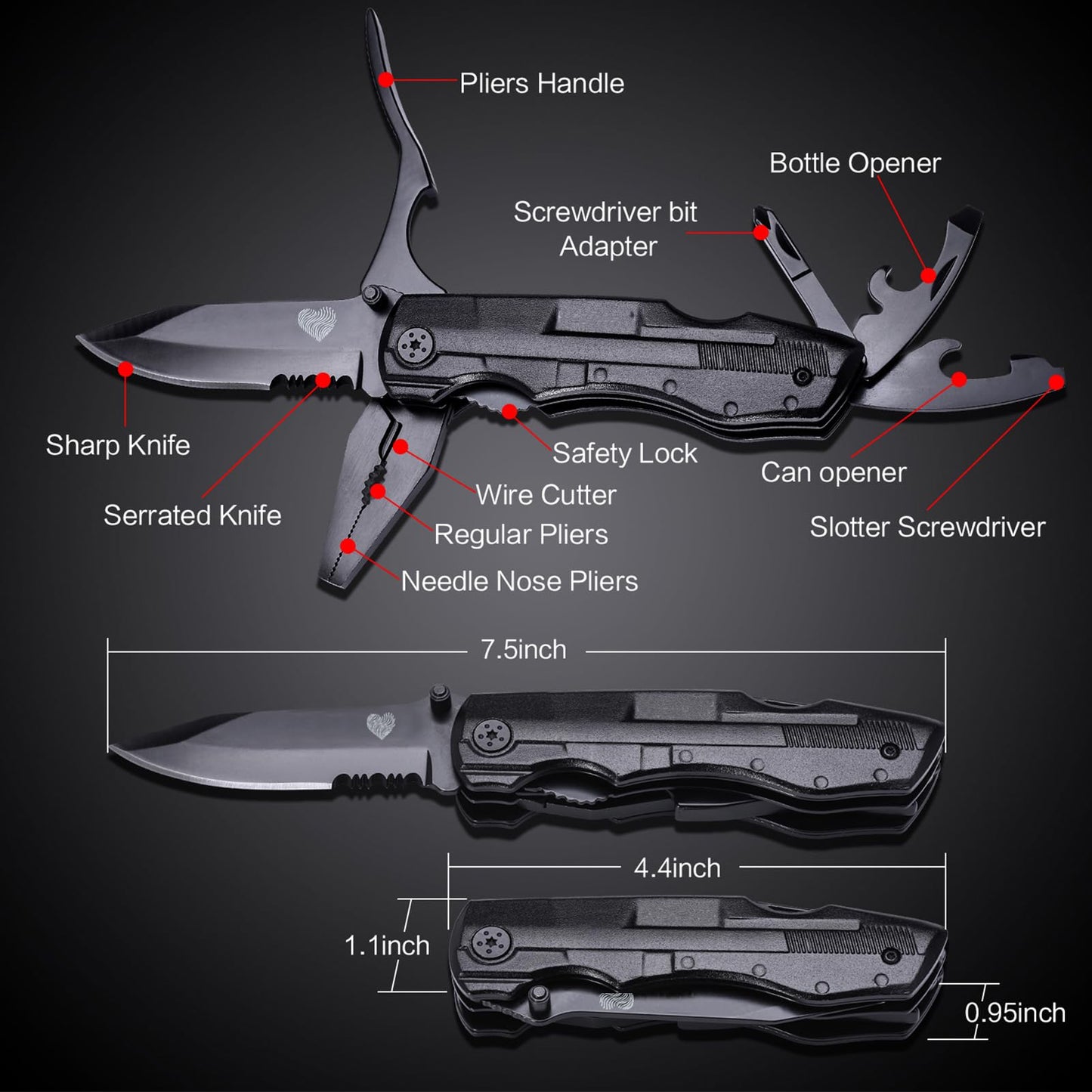 Unutes 14 in 1 Multitool Pocket Knife for Men, Tactical Multi-Tool Plier 9-in-1 screwdriver set with Nylon Sheath for Survival, Camping, Gifts Ideas for Dad, Husband
