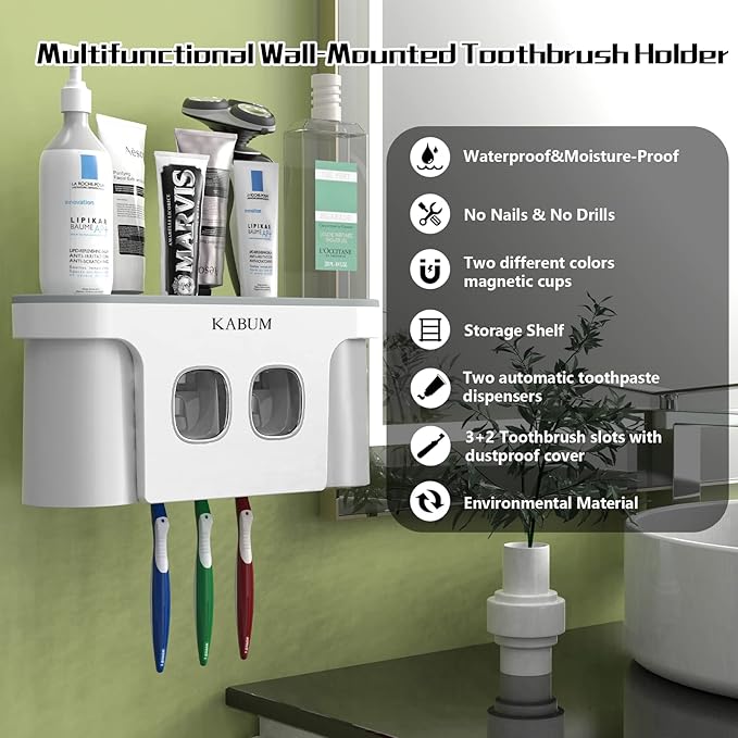 Toothbrush Holders for Bathrooms Toothpaste Dispenser - 2 Cups Automatic Toothpaste Squeezer Wall Mounted, Ideal Bathroom Accessories Organization