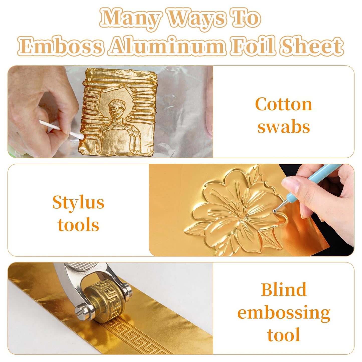 Aemygo 150 Pcs Aluminum Foil Sheets for DIY Crafts, 6 inch Heavy Duty Metal Embossing Sheet with Stylus Tools, Gold Square Tin Foil for DIY Painting and Embossing