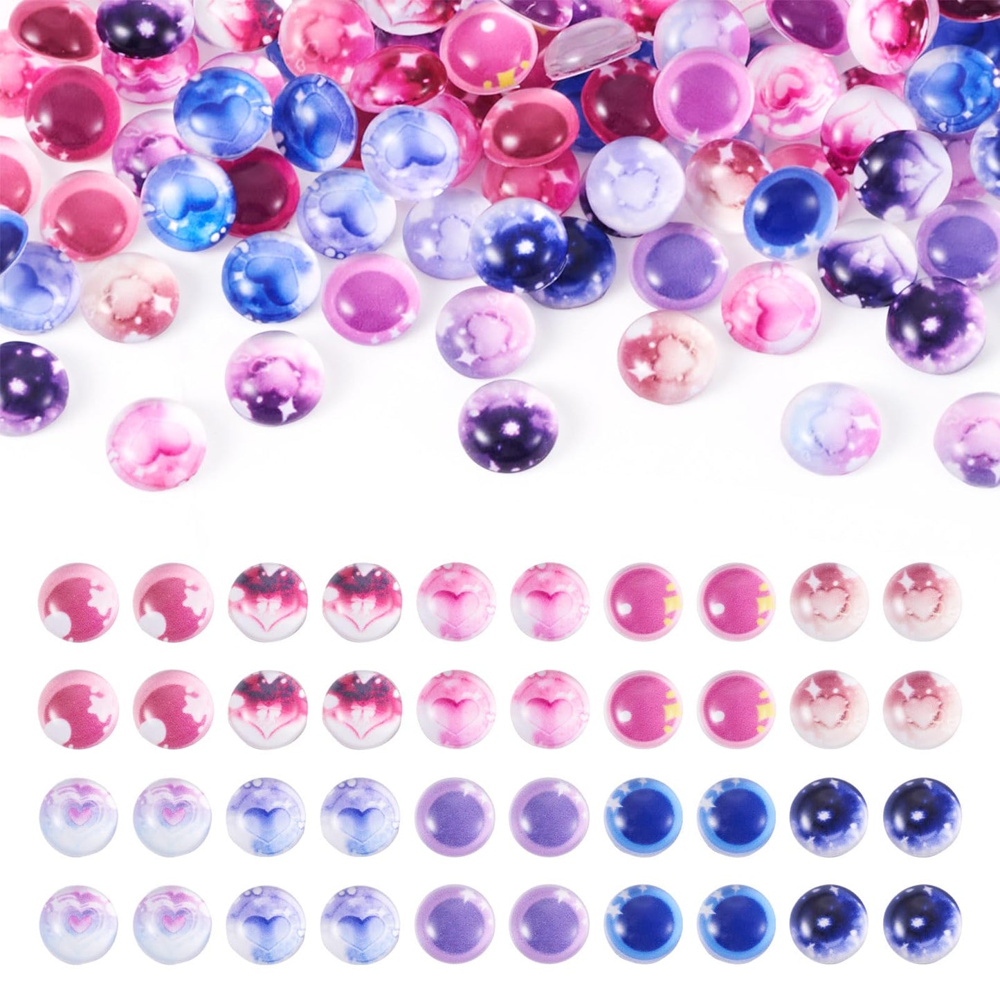 Craftdady 100Pcs 8mm Flat Round Dome Cabochons Glass Craft Doll Eyes Mixed Color Crystal Heart Pattern Eyes DIY Craft Art Cabochon for Doll Puppet Plush Animal Crafts DIY Jewelry Making