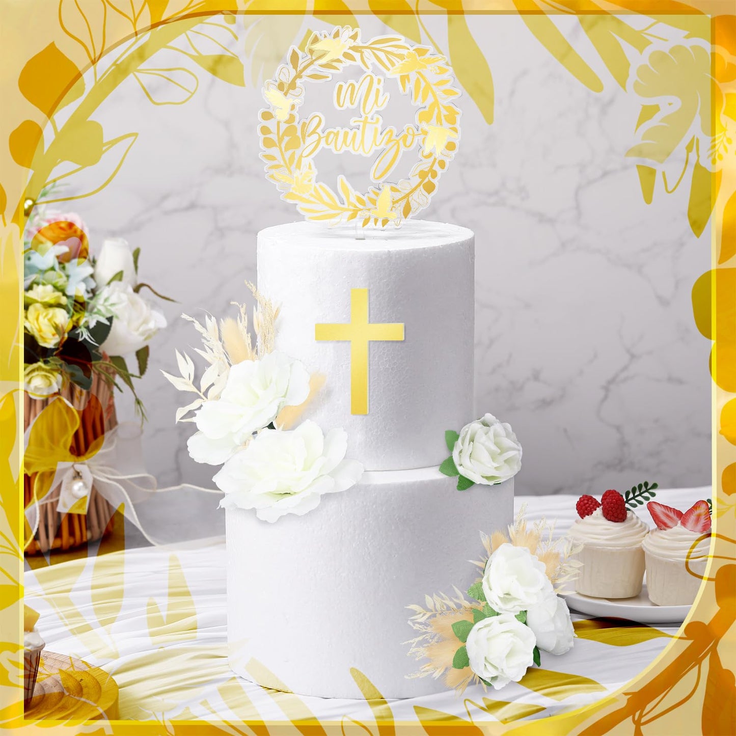 9 Pcs Mi Bautizo Cake Topper Gold Cross and Dried Flower Decor Set First Holy Communion Baptism Cake Pick Religious God Bless Baptism Cake Decoration for Celebration Milestones Decor