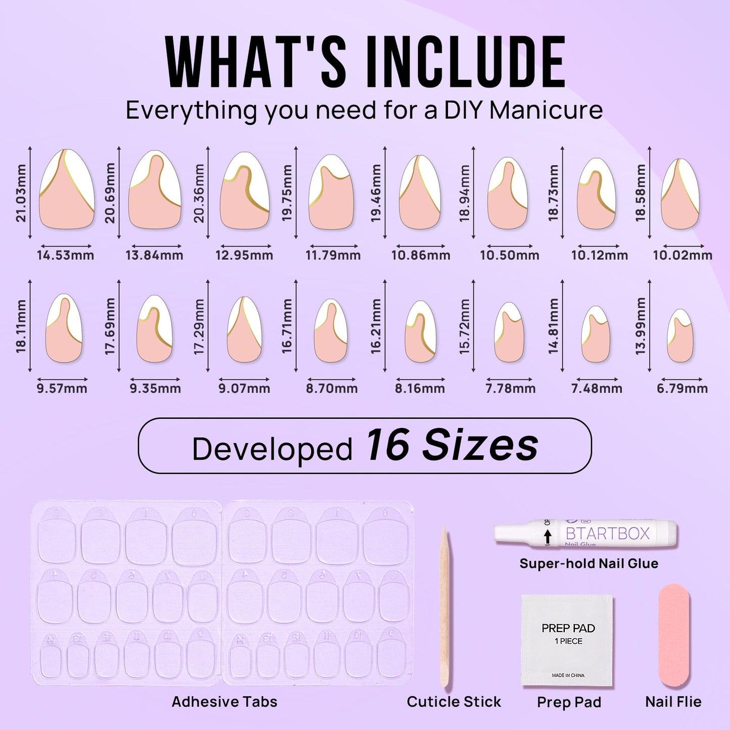 BTArtbox Press On Nails Almond - Designed White French Tip Press On Nails Short with Gold Foil, Glue On Nails for Winter Day Gifts, Stick On Nails in 16 Sizes - 30 Nail Kit, Tiny Gloden