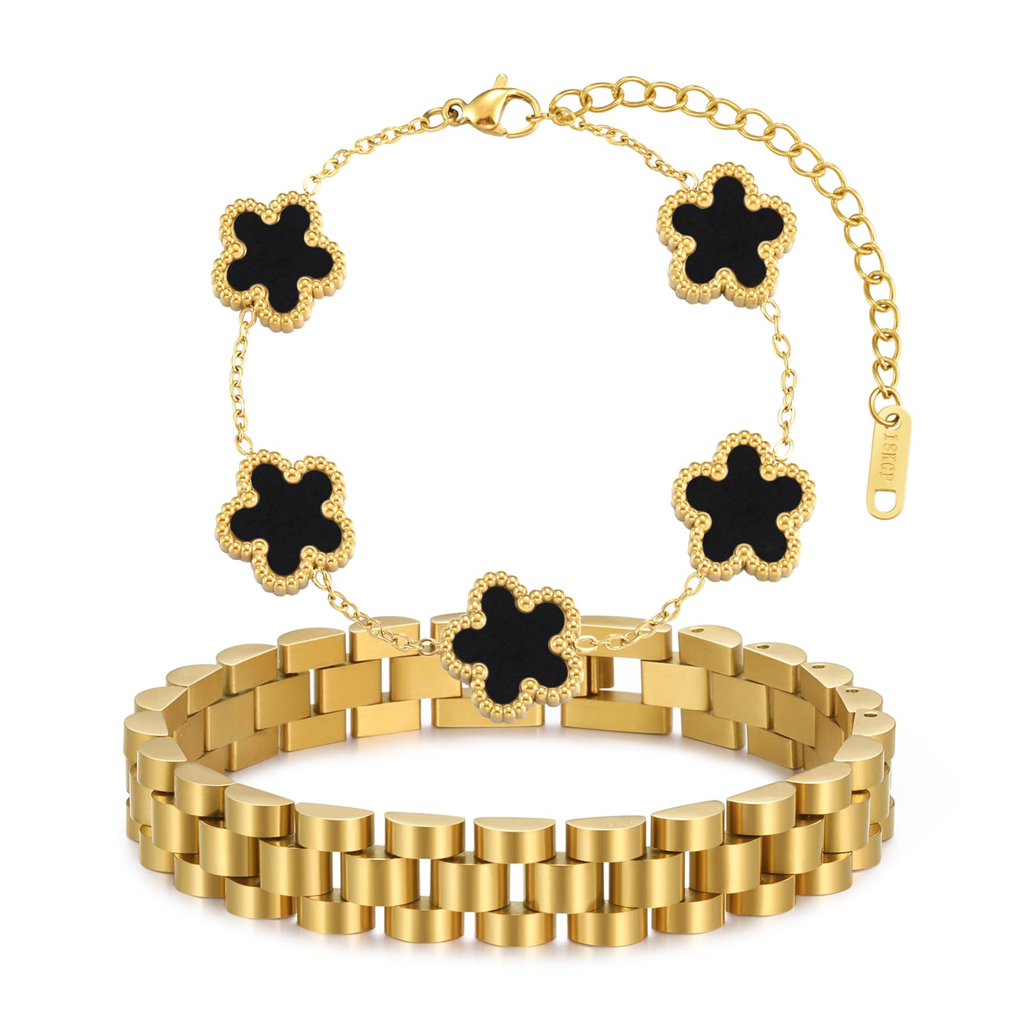 YOQ Stackable Four Leaf Clover Bracelets for Women, 18K Gold Plated Love Bangle Bracelets Set, 2 Pcs Charm Jewelry Gifts (Black 2Pcs-W)