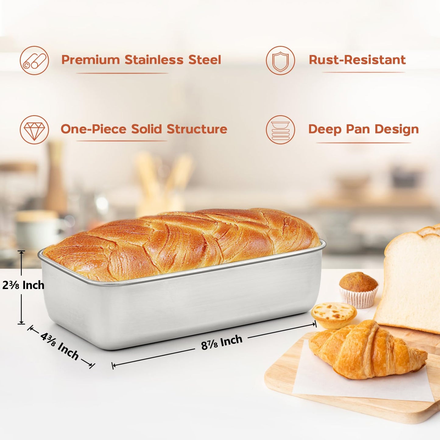 Onader Bread Loaf Pans Set of 8, 9 x 5 Inch Stainless Steel Deep Meatloaf Pan for Baking