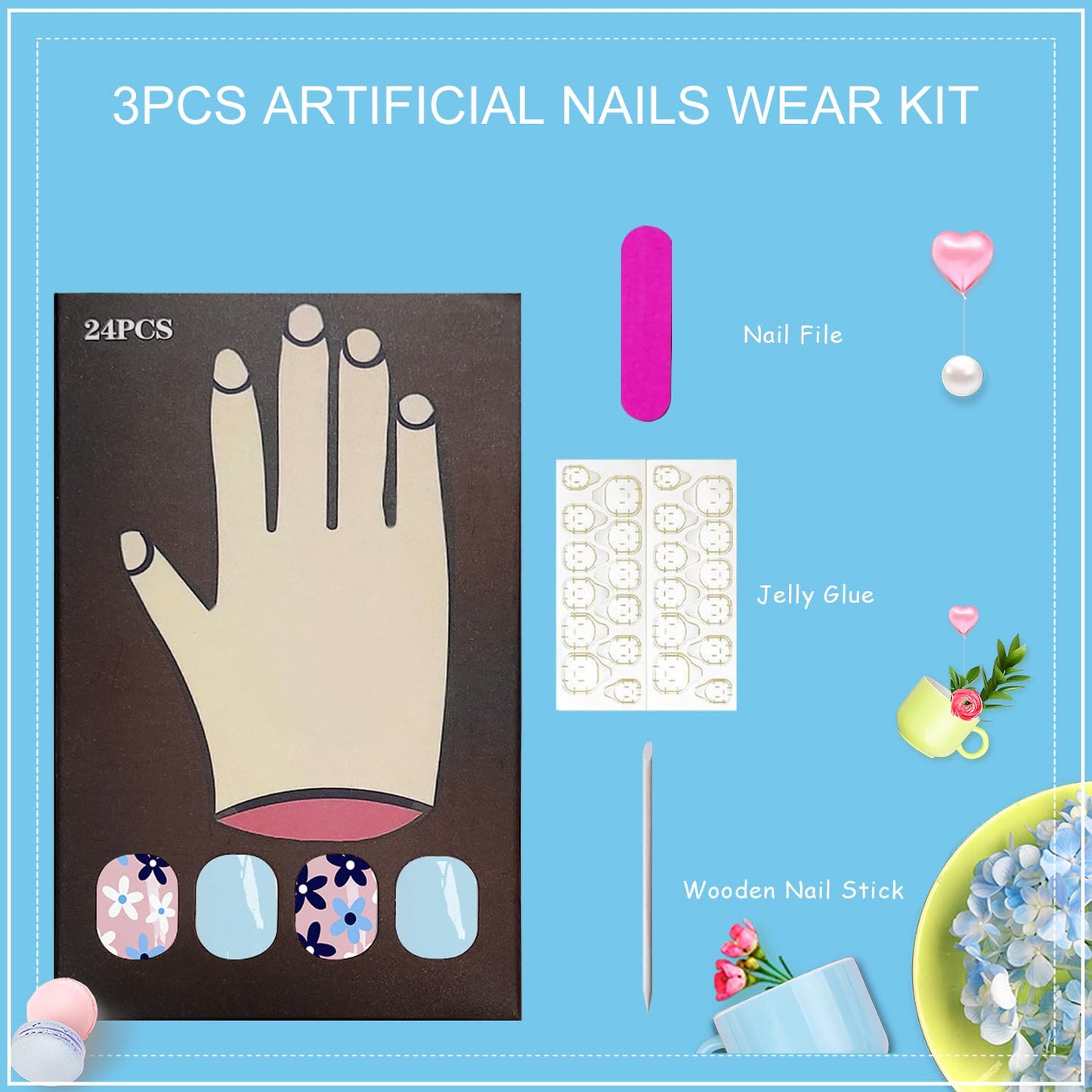 Tyuimhx Blue Flowers Press on Nails Square Short Fake Nails Spring Light Blue False Nail Glossy Full Cover Stick on Nail for Women 24Pcs