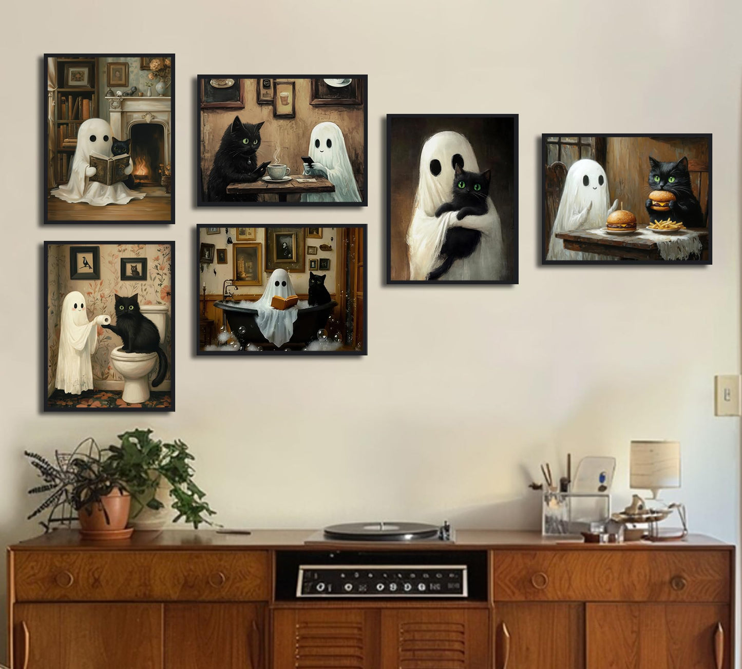 6Pcs Halloween Ghosts Wall Art Ghost Black Cat Funny Gothic Wall Decor Pictures Retro Horror Creepy Dark Academia Poster Prints for Bedroom Gallery Bar Home Decoration 8x10in Unframed