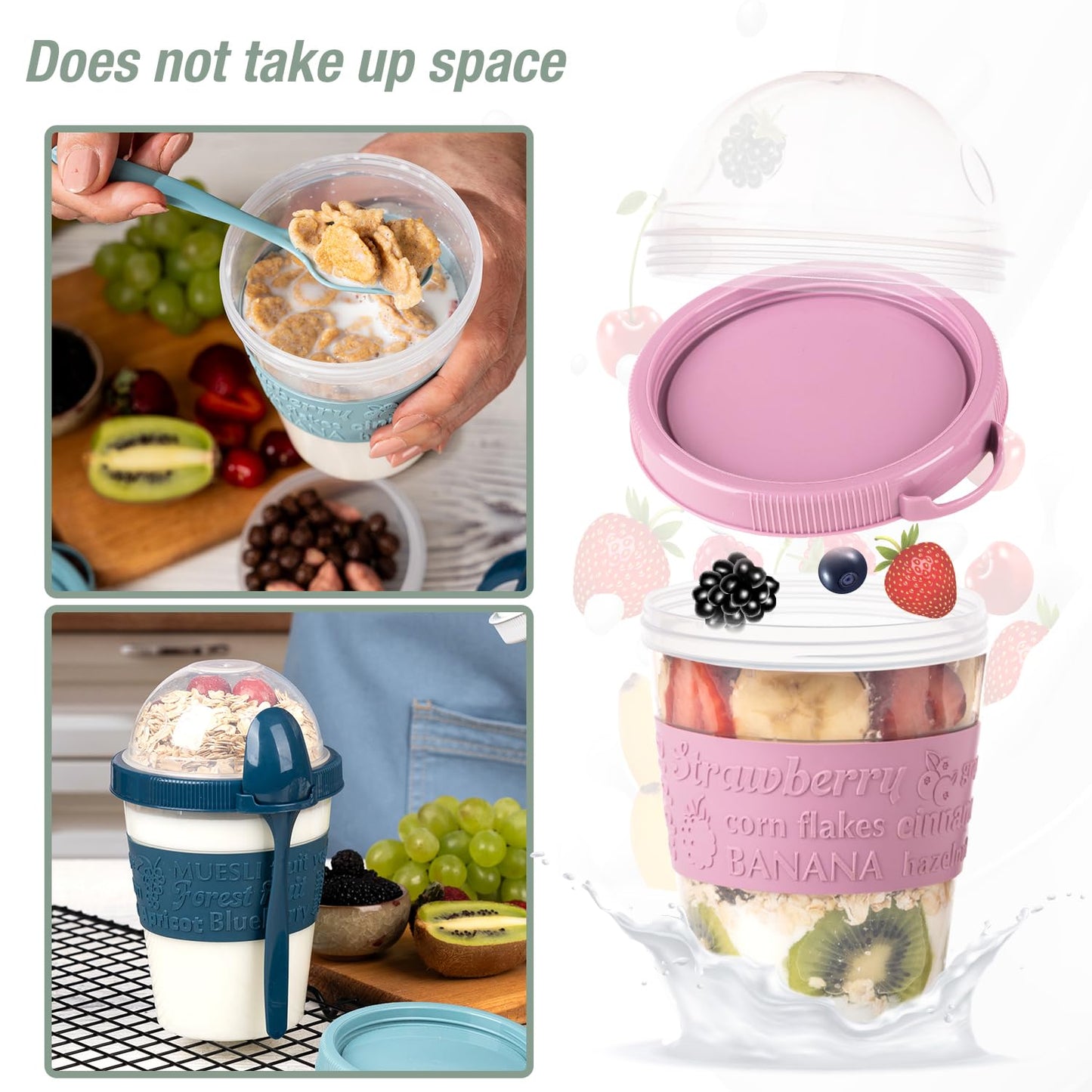 EYNEL 4 Pack Reusable On The Go Yogurt Parfait Cups, Breakfast Plastic Containers with Lids and Spoons, Perfect Jars for Overnight Oats Cereal Granola Oatmeal Smoothies and Snack Prep