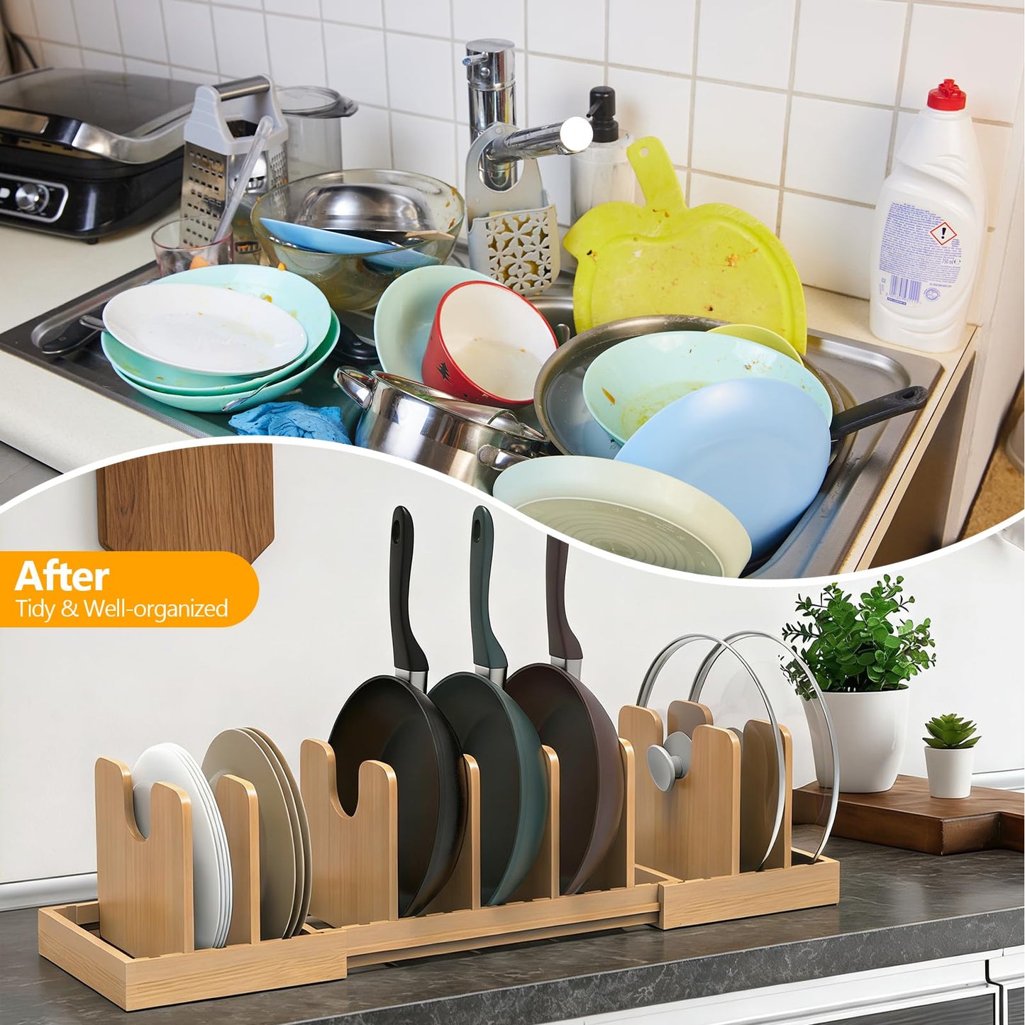 FoverOne Expandable Pot Lid Organizer, Bamboo Pot and Pan Organizer for Under Cabinet, 16" to 28" Adjustable Length and 8pcs Dividers