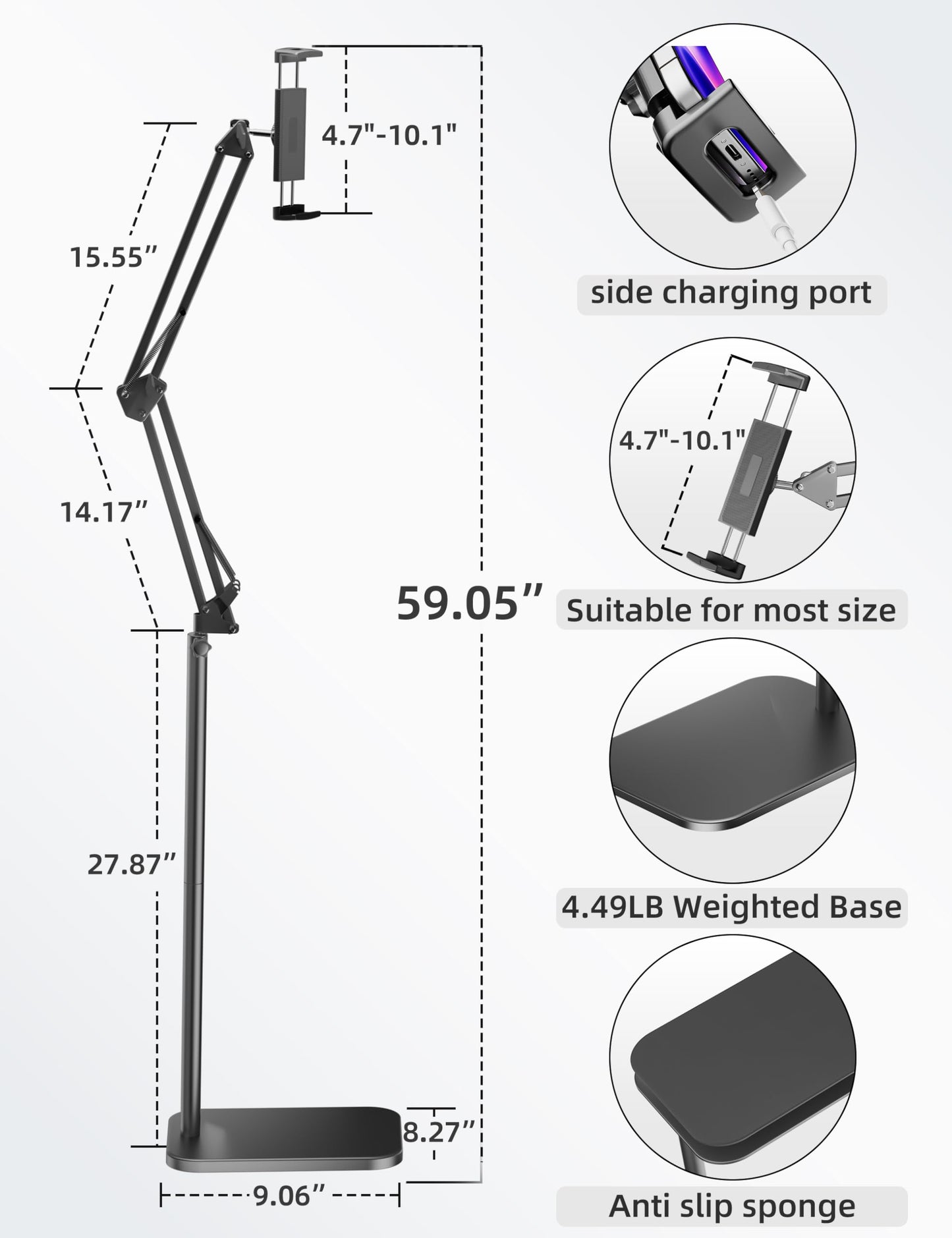Tablet Floor Stand with 4.5LB Heavy Metal Base,Overhead Bed Phone Stand Angle Height Adjustable Holder, Universal Phone Mount for iPad iPhone Pro Air Mini, Samsung Tab, Kindle, E-Readers...
