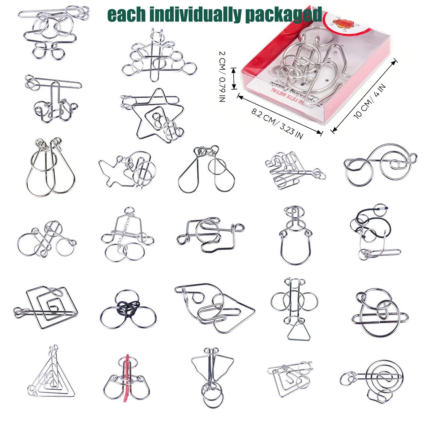 24 Pack Metal Wire Puzzles for Adults & Kids - IQ Brain Teaser Stress Relief Toys, Classic Interlocking Logic Games with Gift Box, Gift for Puzzle Lovers