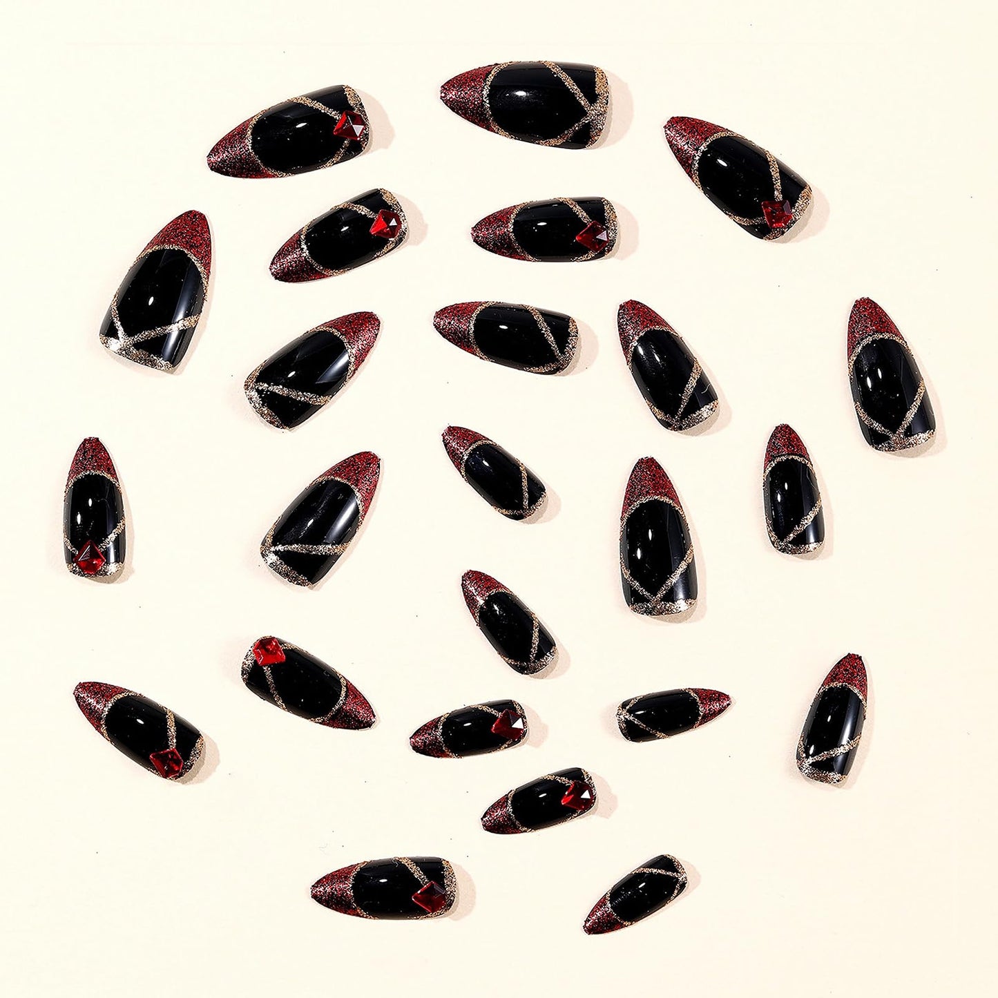 MISUD Press on Nails - Medium Almond Fake Nails with Goth Red Black, Acrylic Bling Glitter Rhinestone Design 24 pcs