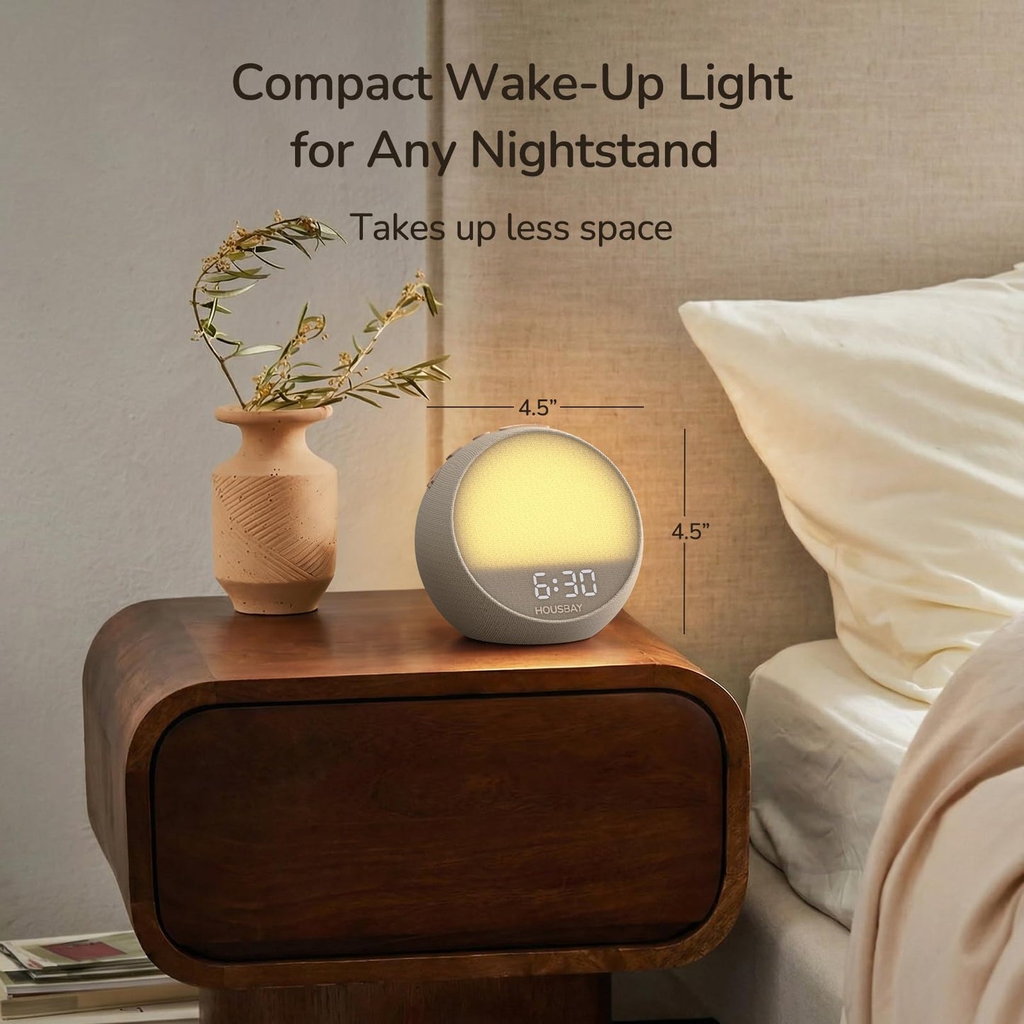 HOUSBAY MINI Sunrise Alarm Clock with Sound Machine, Rhythm Wake-Up Light, White Noise for Sleeping, Compact Phone-Free Bedrooms Clock, Putty