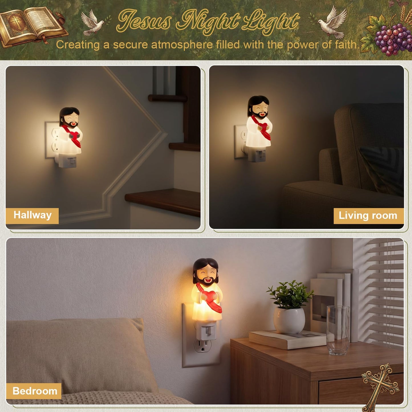 Lewtemi Easter Jesus Night Light Plug into Wall, Cute Christian Nightlight with 360° Rotatable Warm Lamp, Smiling Decor for Bedroom, Hallway & Uplifting Religious Gift(Red,Jesus)