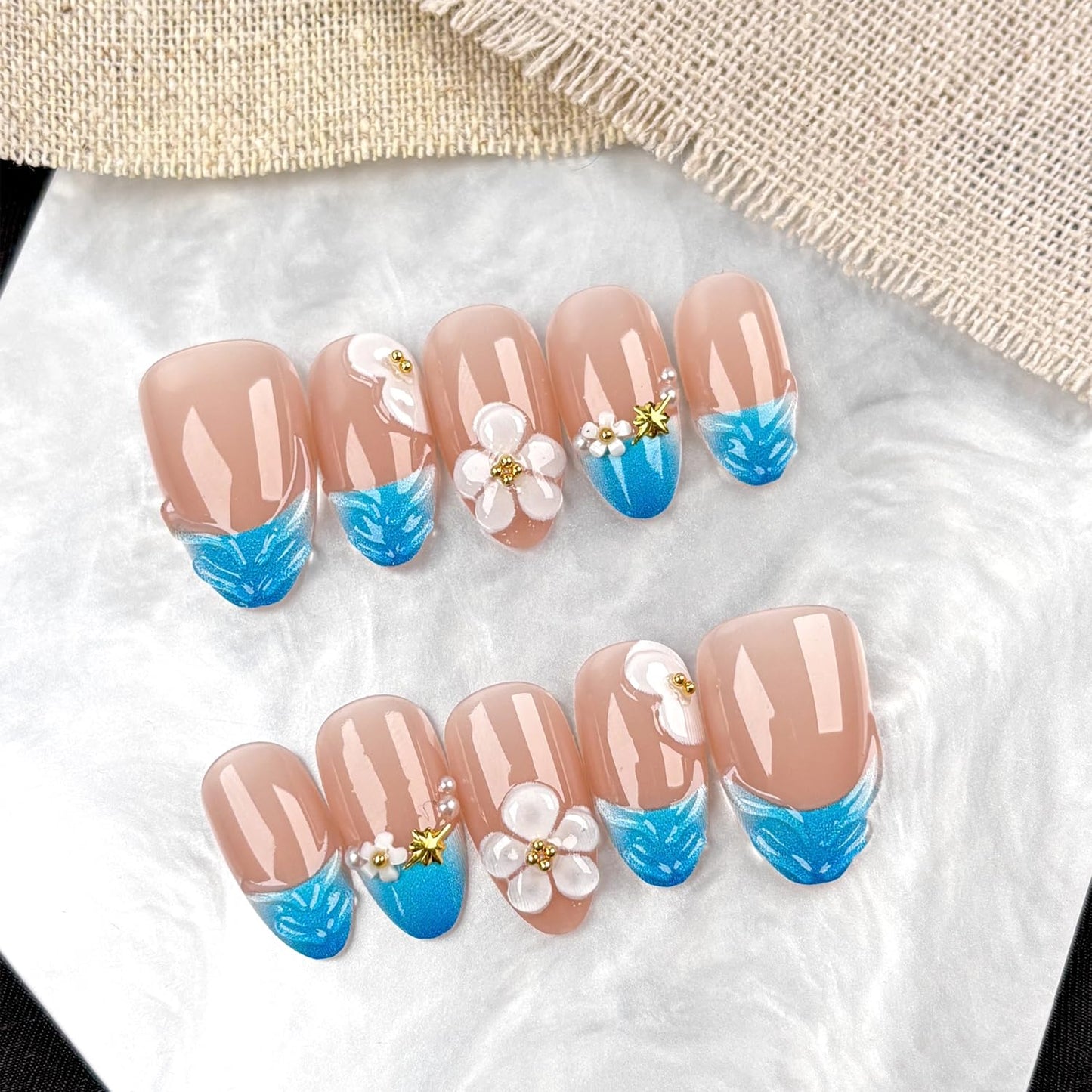 30Pcs Summer Blue FrenchPress on Nails Medium Almond ShapeFake Nails Press on with French Tip and 3d Flower Design Nude Base Spring and Daily for Women