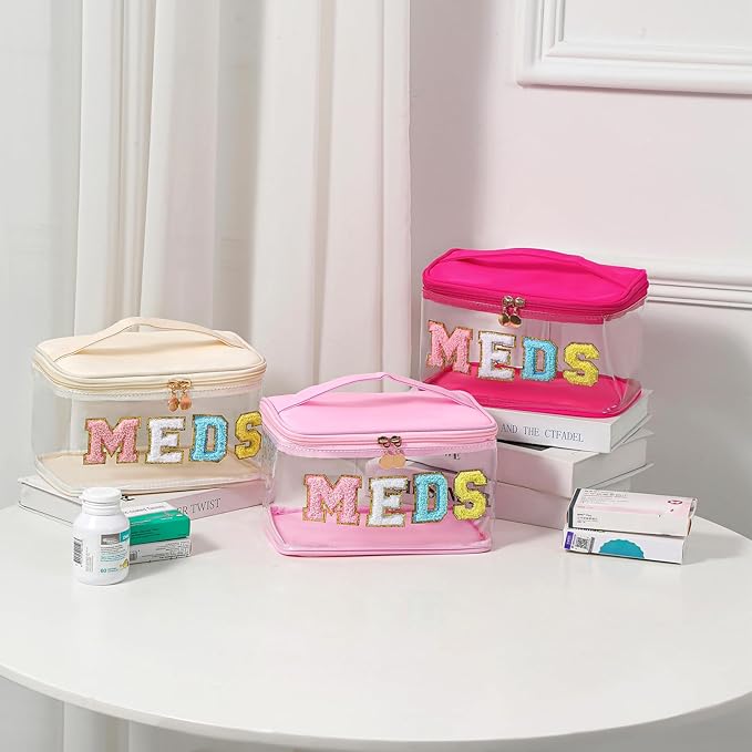 Large Waterproof Chenille Letter Medicine Clear Makeup Bag, Transparent PVC Nylon Preppy Patch Cosmetic Bag with Handle, Portable Meds First Aid Travel Organizer Cosmetic Bag (05MEDS-Hot Pink)