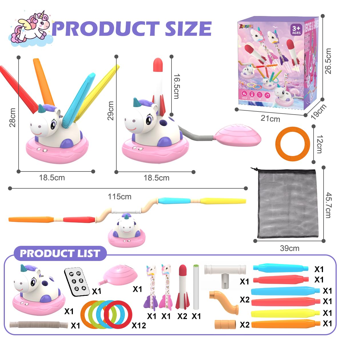 RUIDYA 3 in 1 Musical Jump, Toss Ring Game and Stomping Launch Unicorn Rocket Launcher for Kids Outdoor Toys with Remote Control, Indoor Outside Toy for Kids Ages 3-8