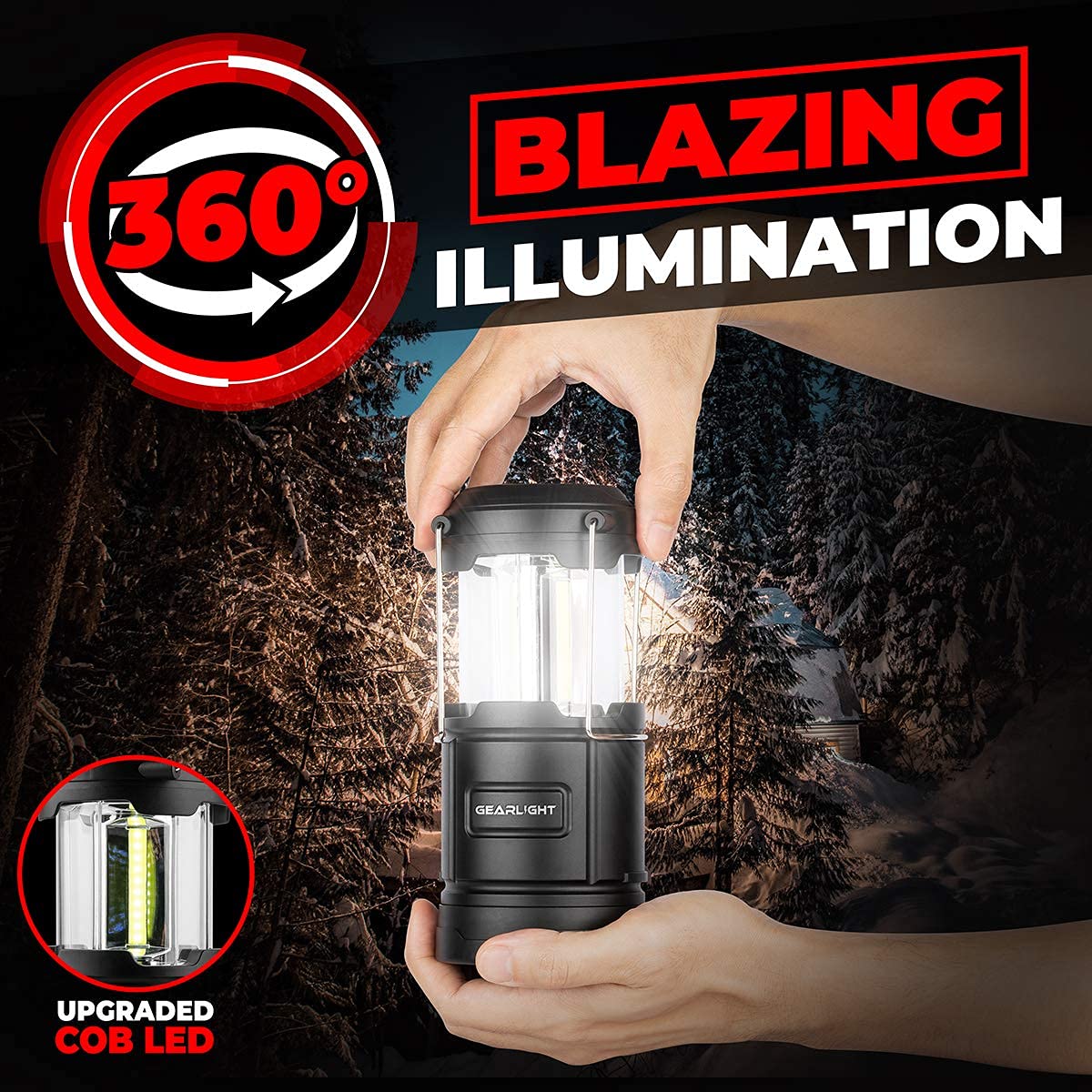 GearLight Camping Lantern - 2 Portable LED Battery Powered Lantern with Magnetic Base and Foldable Hook for Emergency Use or Campsites, Essential Hurricane Survival Kit with Batteries - Black