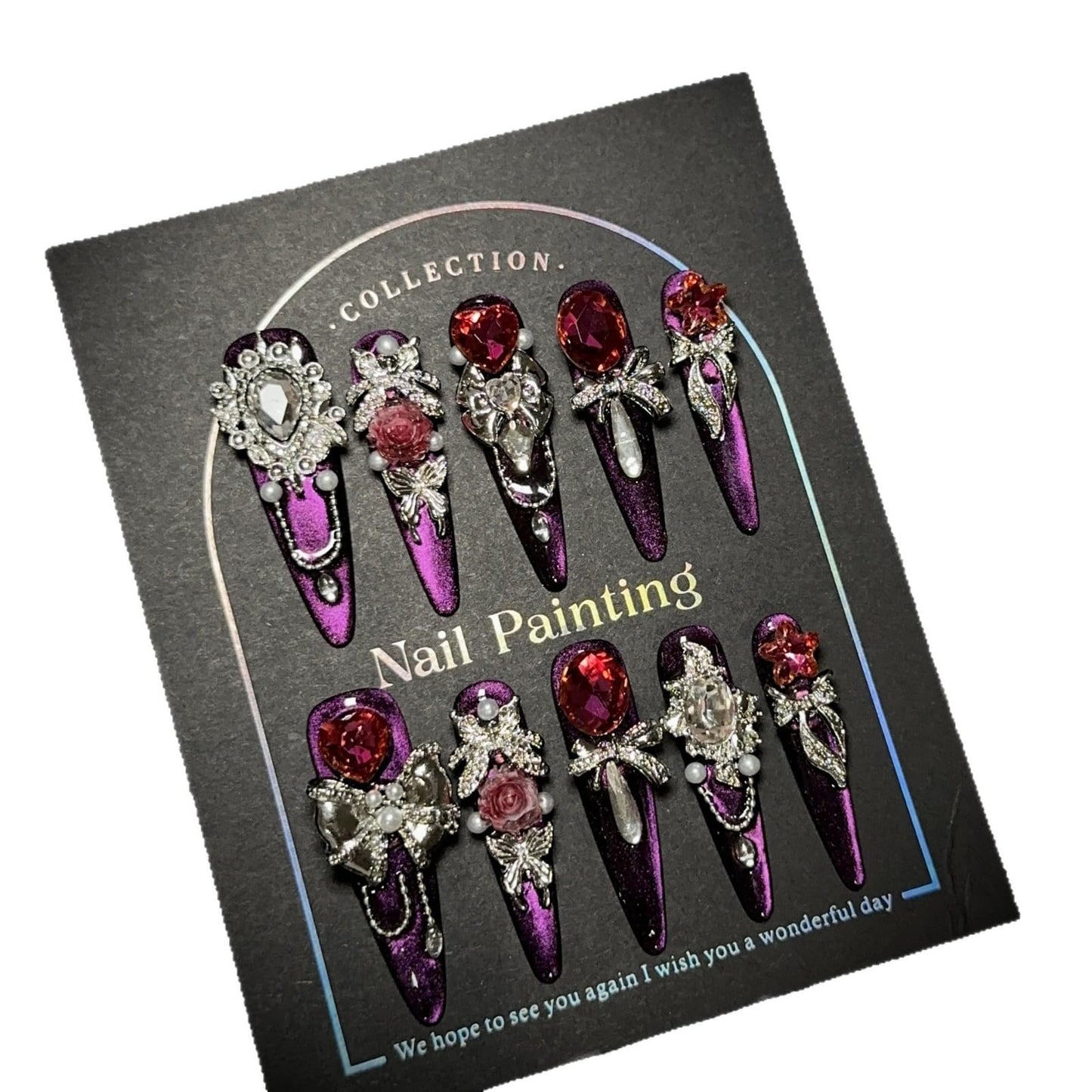 GLORS Luxury Long Press-On Nails, Purple Glitter Stiletto with Rhinestones, Handmade False Nails, 10 Pieces (Small, LS)