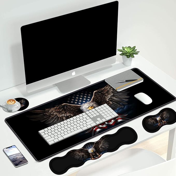4 in 1 Ergonomic Keyboard Wrist Rest & Mouse Pad Wrist Rest Set, Large XXL Gaming Desk Mat 31.5"x 11.8" with Non-Slip Base, Memory Foam for Home Office Study Gaming, American Flag Bald Eagle