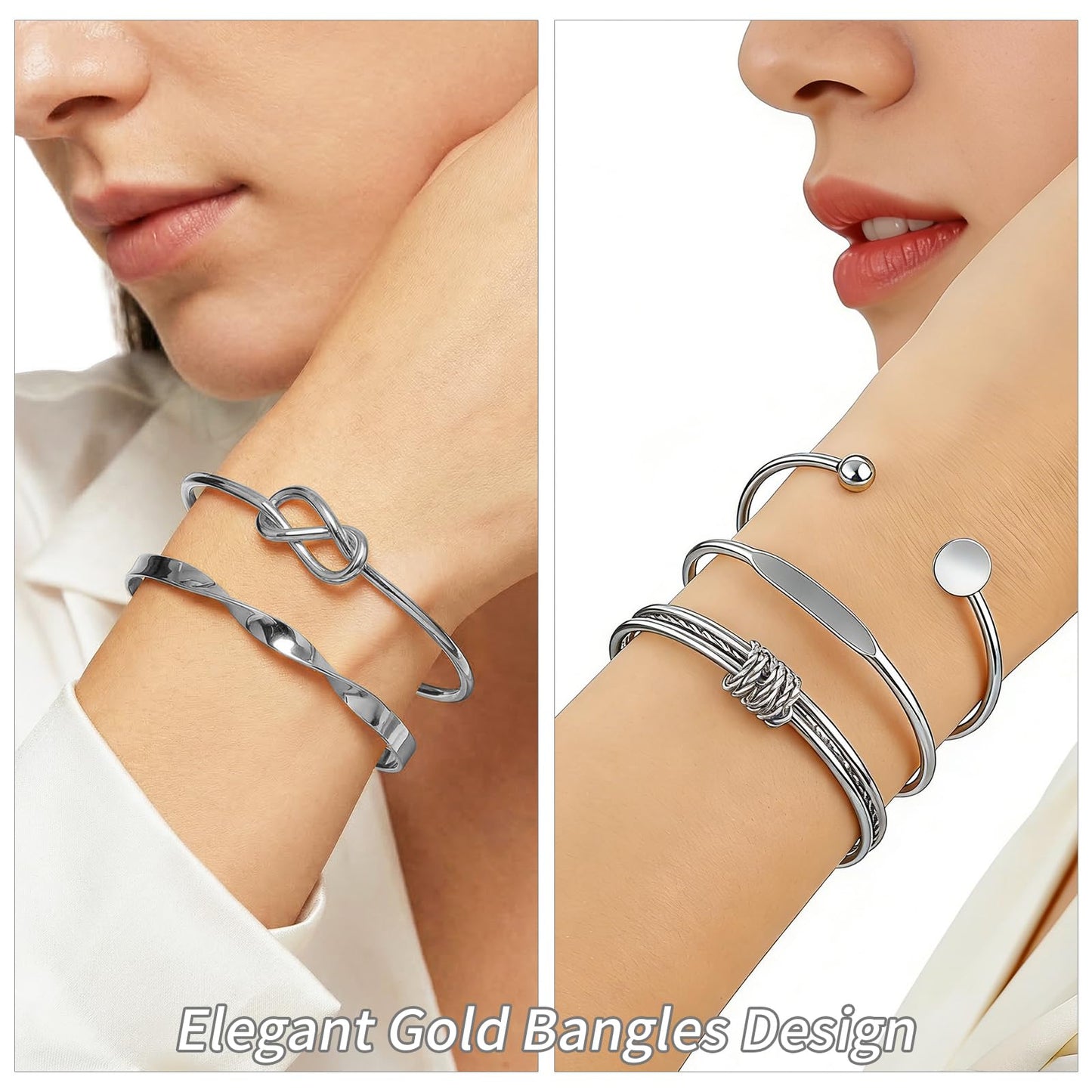 VEINARDYL Silver Bracelets set for Women, Silver Plated Bangles Cuff Bracelets Stack, Open Adjustable Bangles Fashion Accessories Jewelry Set for Gifts Birthday Valentines Day