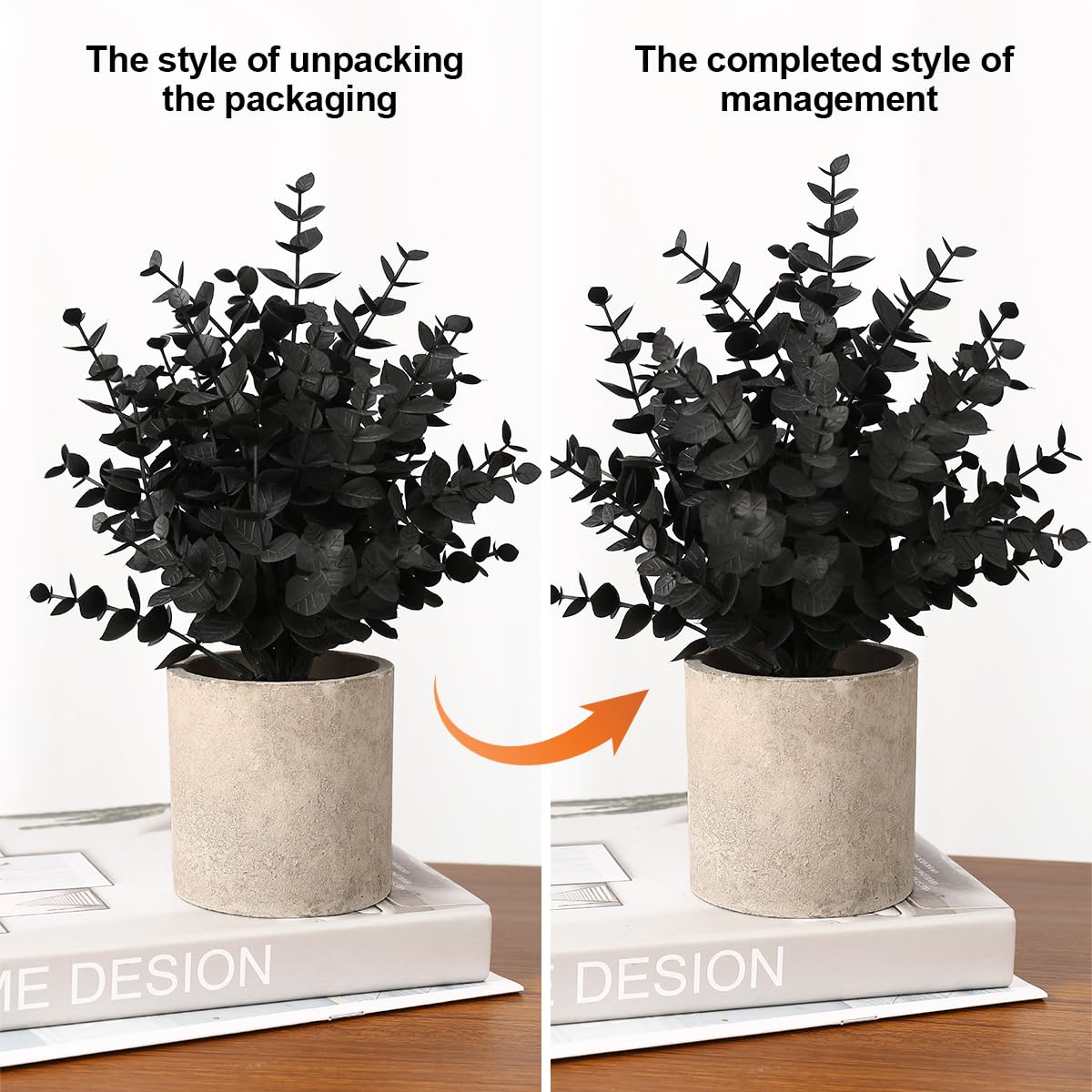 Coferset 2 Pack Black Fake Eucalyptus Small Fake Plants Potted Artificial Plants for Halloween Shelf Desk Home Farmhouse Room Coffee Table Decor Bathroom Decor (Black)