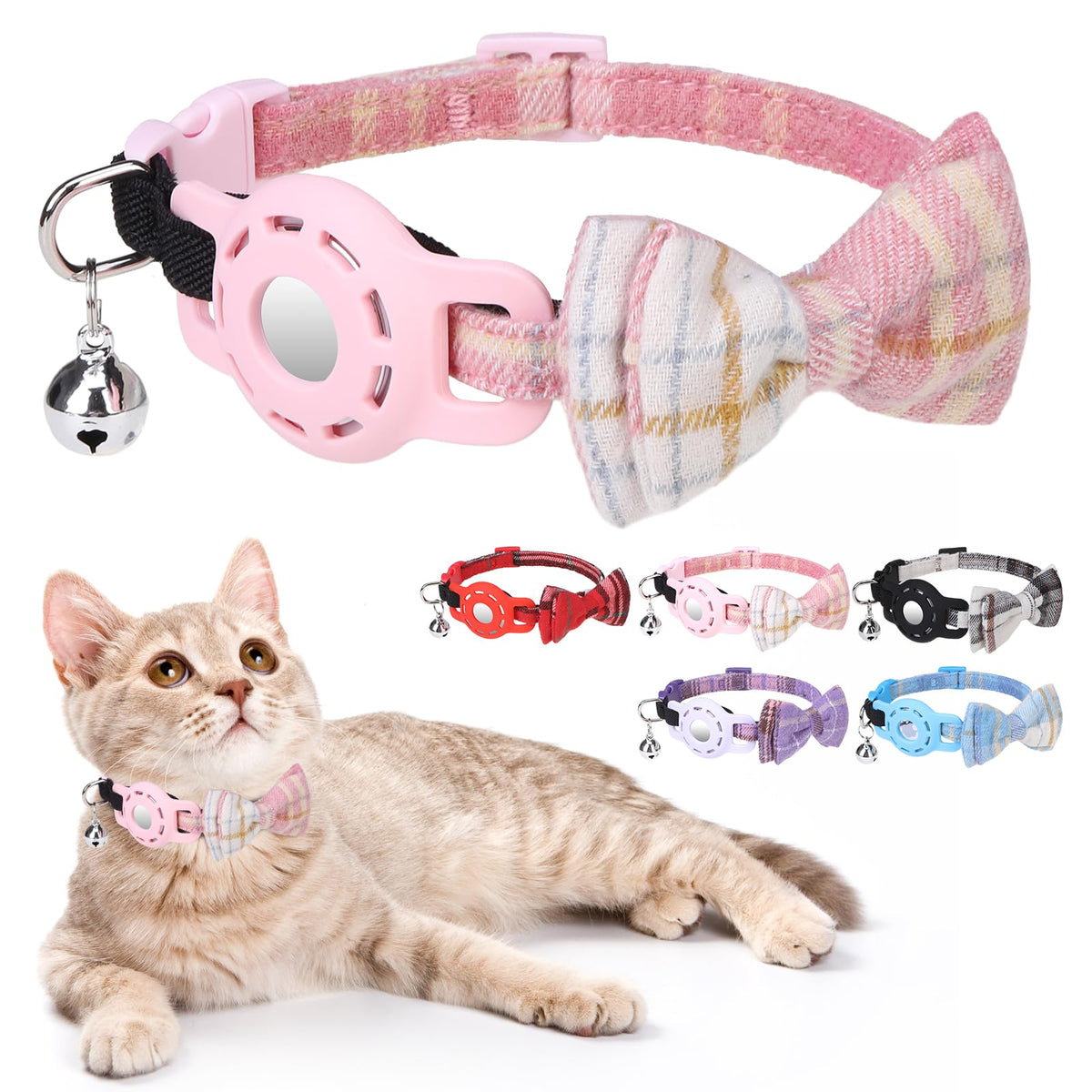 DILLYBUD Airtag Cat Collar Breakaway, Bow Tie Collar with Airtag Holder